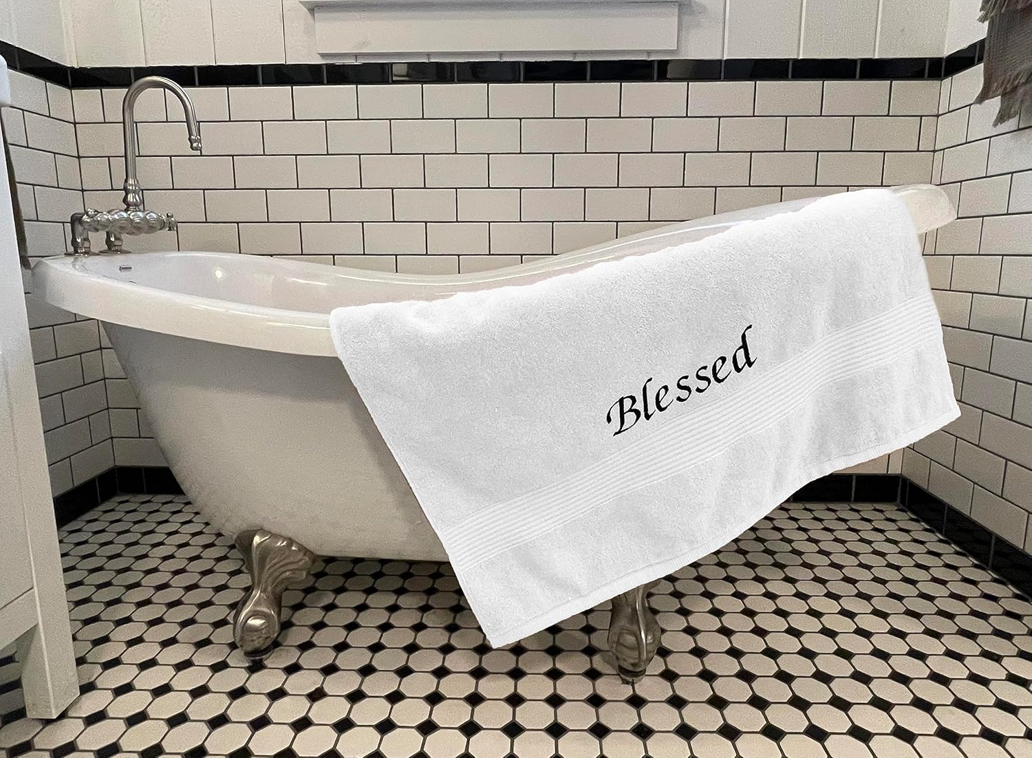 Liberty21 Blessed Home Bath Towel with Inspirational Embroidered Message for Bathroom, or Spa. 100% Cotton (White)