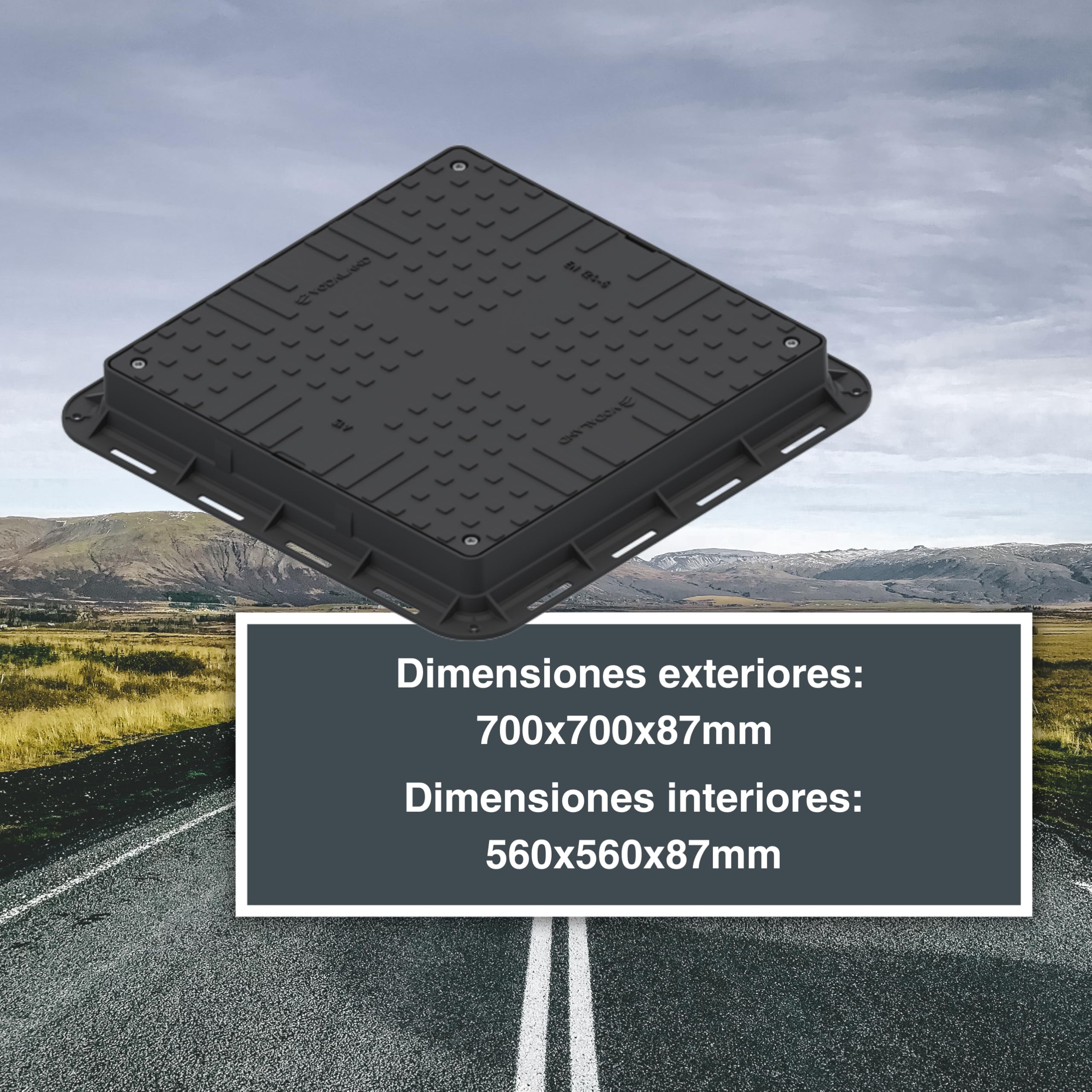 Tapa con Marco VODALAND 60x60 de Plástico Negro - Clase de Carga A15 para Arquetas de PVC, Pozos y Alcantarillas - Tapa Cuadrada para Registro y Alcantarillado