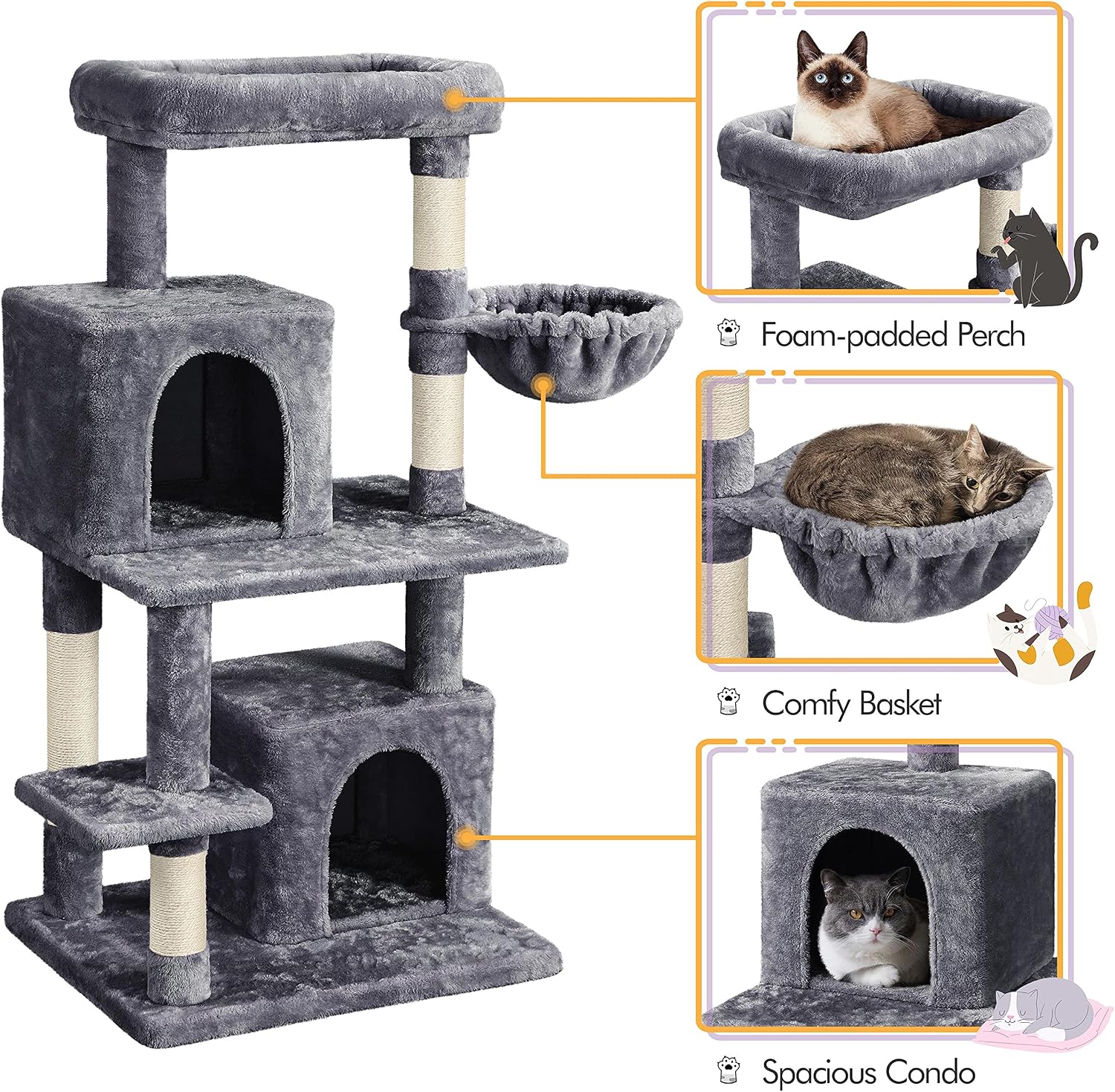 Topeakmart Cat Tree Large Cat Tower Cat Trees with Scratching Post, Condos, Basket, Top Perch for Indoor Cats Modern Play House as Activity Center for Cats and Kittens, 47in