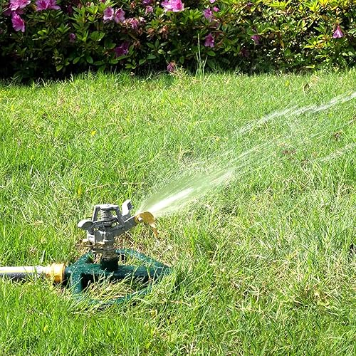 Miniatura 7 de Rociadores de césped para patio, rociador de impacto pulsante de jardín con manguera de agua de impulso de aleación de zinc y base de rociador de