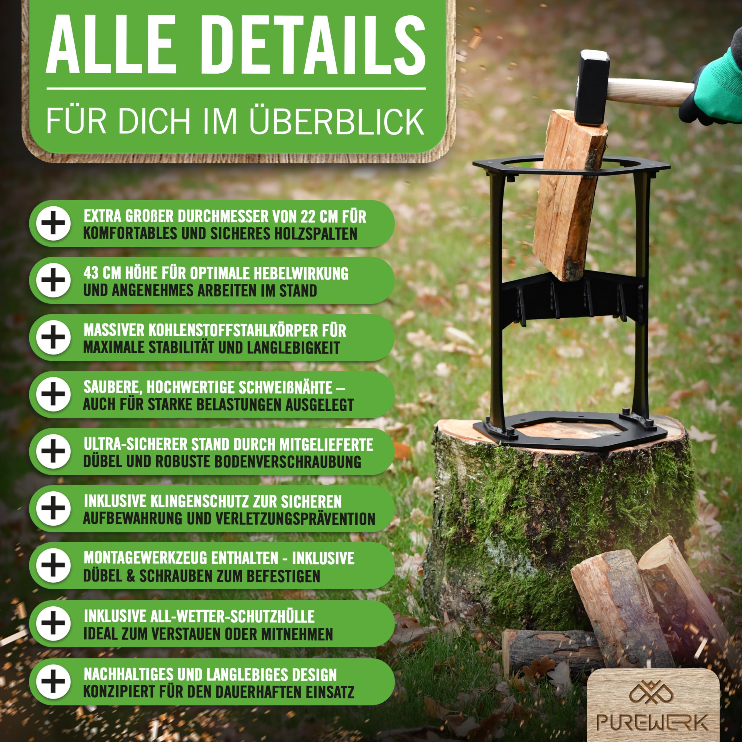 Holzspalter manuell [Ø 22 cm] - robuster Holz-Spalter für Anzündholz aus Kohlenstoffstahl mit extra-großem Durchmesser - inkl. Klingenschutz, Tasche & Zubehör zur Boden-Montage