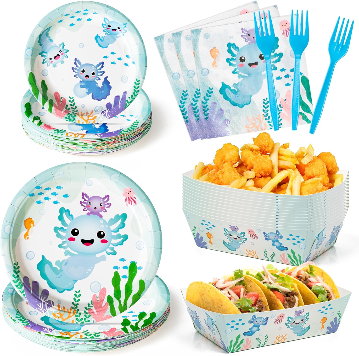 Blue Axolotl Decorations Supplies - Serves 24-120Pcs Cute Cartoon Axolotl Party Tableware, Disposable Paper Plates Napkins Forks Food Trays Serving Boats for Kids Party Birthday Baby Shower