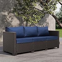 Vista 3 de Valita Muebles de patio de 3 asientos, sofá de mimbre marrón, muebles de exterior, sofá de exterior, asiento profundo, respaldo alto, funda Azul