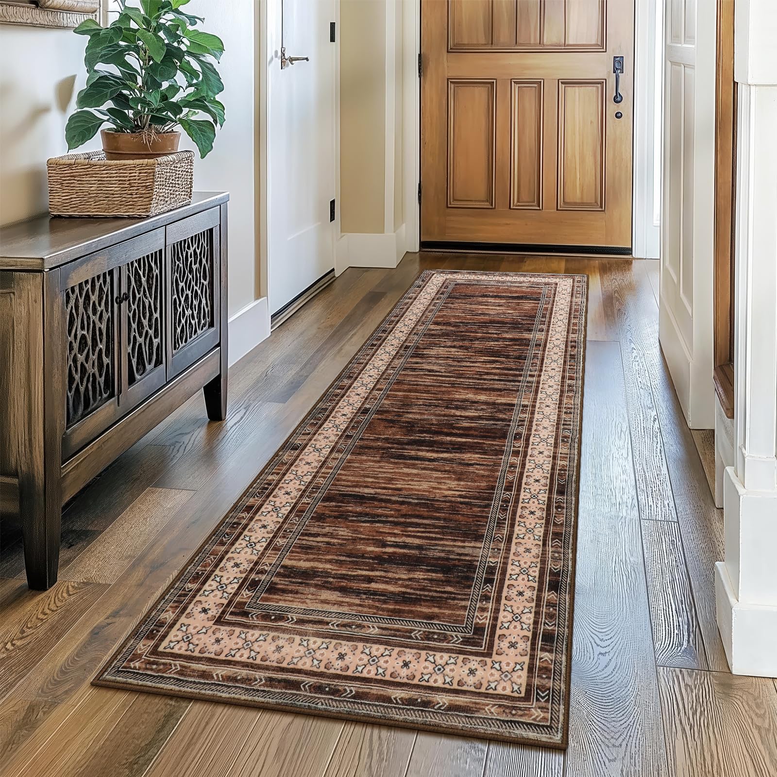 Modern Braun Läufer Teppich für Flur Waschbarer Läufer Teppich Flur 65x240cm Bettvorleger Küchen Wohnzimmer Schlafzimmer Teppiche rutschfest Kurzflor Weich Flurläufer Teppichläufer