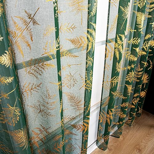 Miniatura 6 de Deeprove Juego de 2 paneles de cortinas traslúcidas de 63 pulgadas de largo, papel de aluminio dorado metálico hawaiano estampado de hojas para
