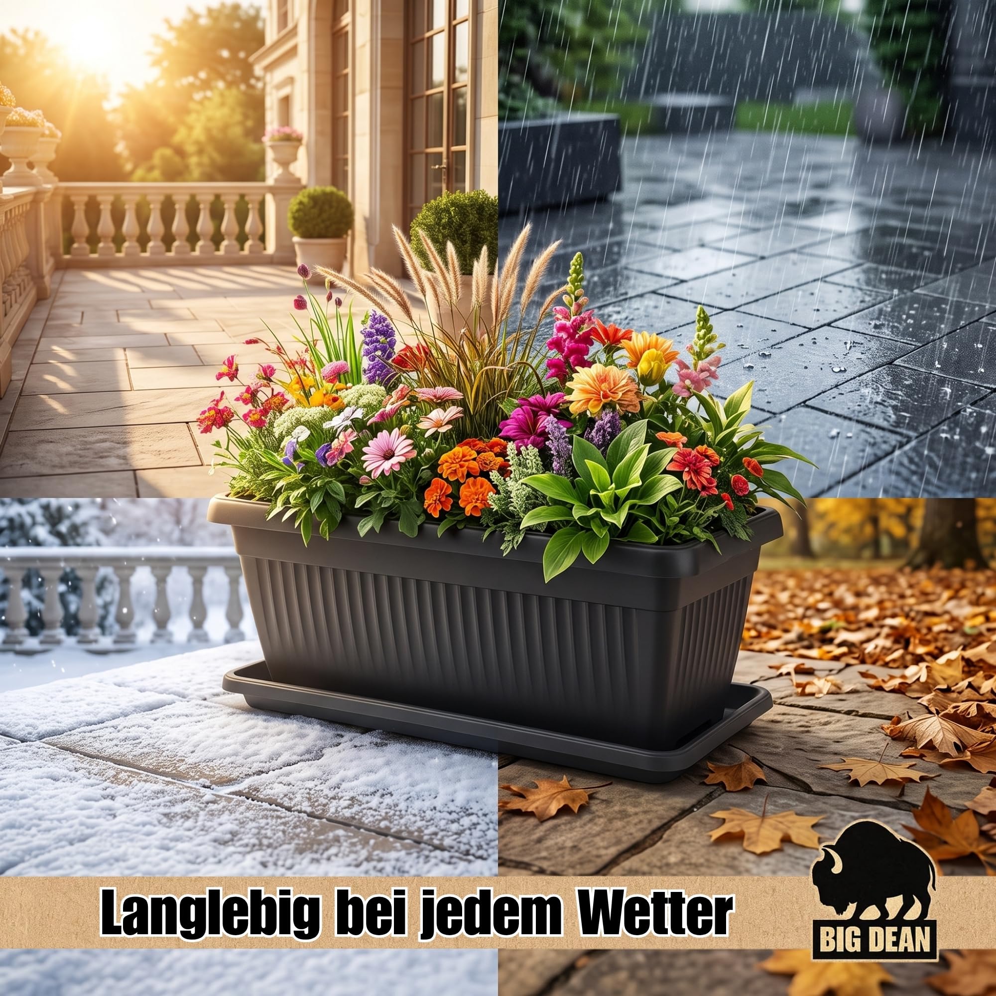 BigDean 3 Stück XXXL Blumenkübel 100×40×35cm 88 L Blumenkasten Blumentopf | Mediterranes Design, Lieferung inkl. Untersetzer, Farbe: Anthrazit, Pflanzkübel, XXXL, Extra-Groß, Pflanztopf