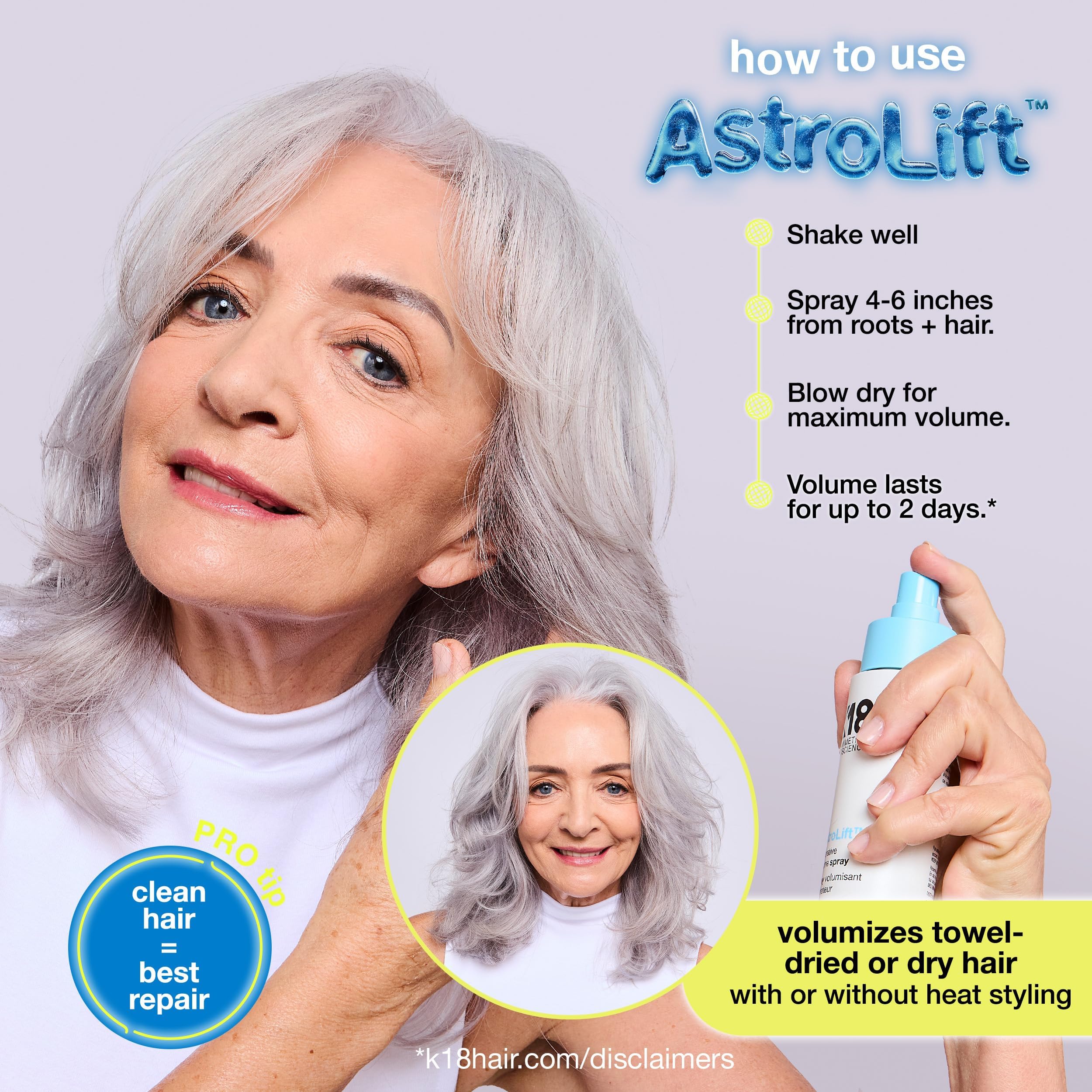 K18 AstroLift™ Spray Voluminizador Reparador, Engrosamiento y Fijación del cabello durante 2 días para cabello fino, delicado y frágil, fórmula no pegajosa ni rígida, spray voluminizador, 47 ml.