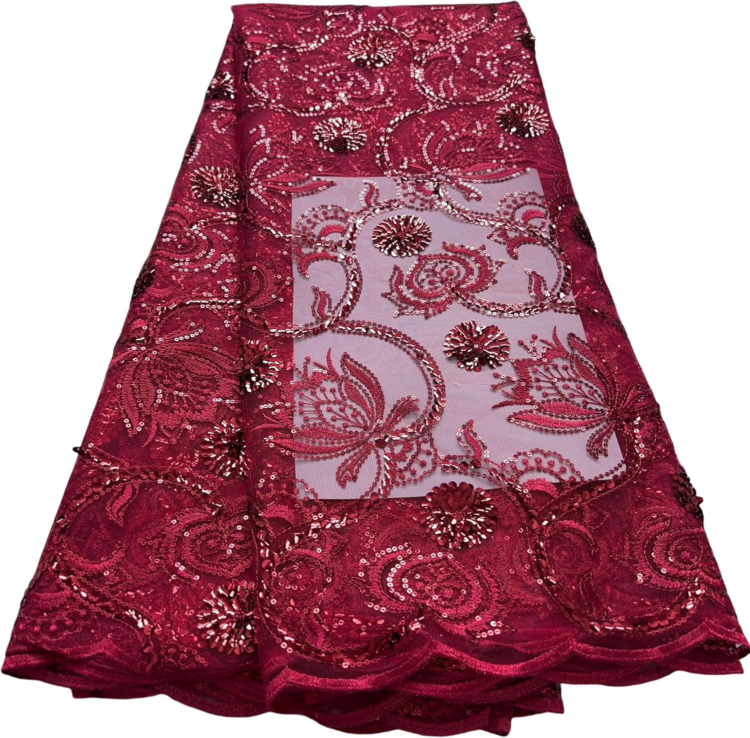 African Lace Fabric 5 Yards of Mesh Embroidered Fabric Sequins Fabric for Wedding/Party/Everyday Sewing (Pink)