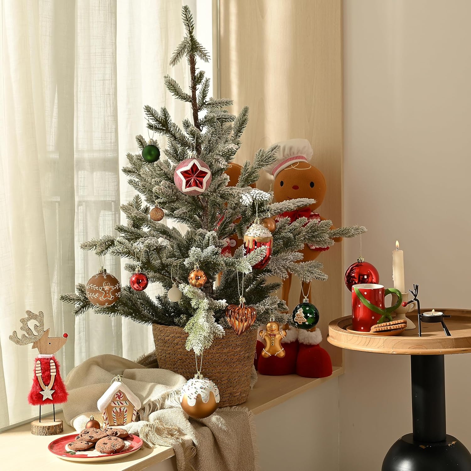DecorbyHannah 120ct Christmas Ornaments Set, Gingerbread Red Green Gold Christmas Tree Decorations, Assorted Shatterproof Plastic Hanging Ball Ornaments Bulk for Xmas Home Party Indoor Decor