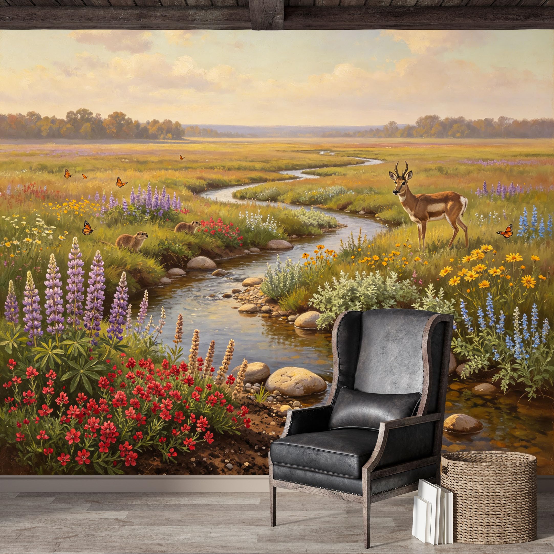 Custom Size Wall Mural,Prairie Stream Meadow Landscape Oil Painting Premium Water Activated SelfAdhesive Wallpaper,Removable Wall Covering,Easy DIY Install Wall Art for Indoor Home Decor