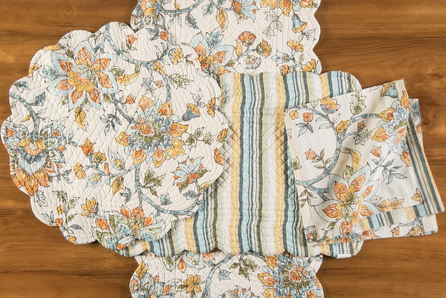 C&F Home Ainsley Jacobean Floral Reversible Stripes Cotton Machine Washable Scallop Edge Quilted Placemats Set of 6 Placemats for Dining Kitchen Tabletop Home Decor Decoration 13" x 19" Tan