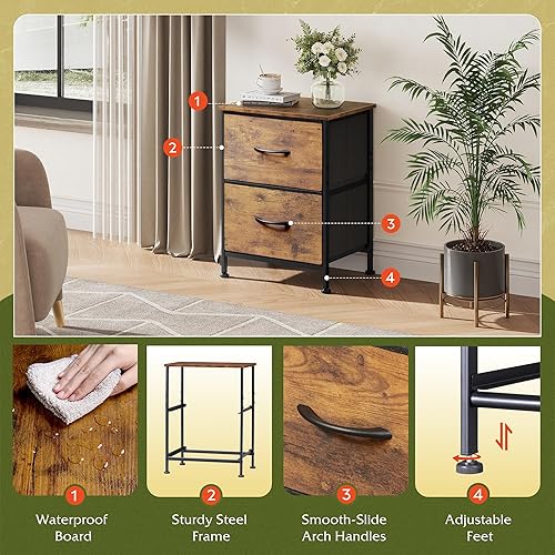 Miniatura 5 de WLIVE - Mesita de noche pequeña con 2 cajones y parte superior de madera, mesita de noche con contenedores de tela, mesa auxiliar para dormitorio,