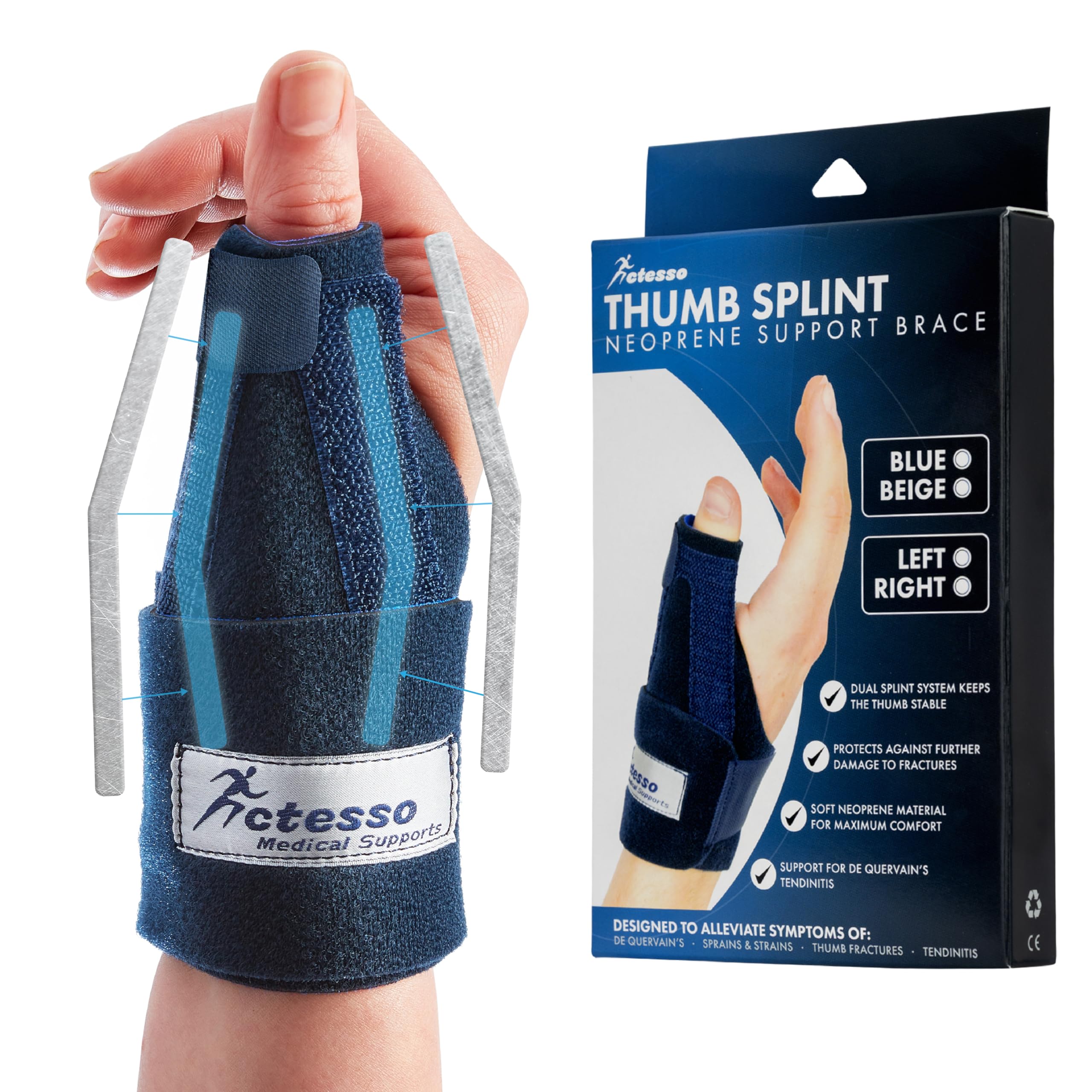 Actesso Tutore Pollice in Neoprene per De Quervain e Rizoartrosi | Supporto stabilizzante per tendinite, distorsioni e dolore articolare. (Mano, Destro, Blu)