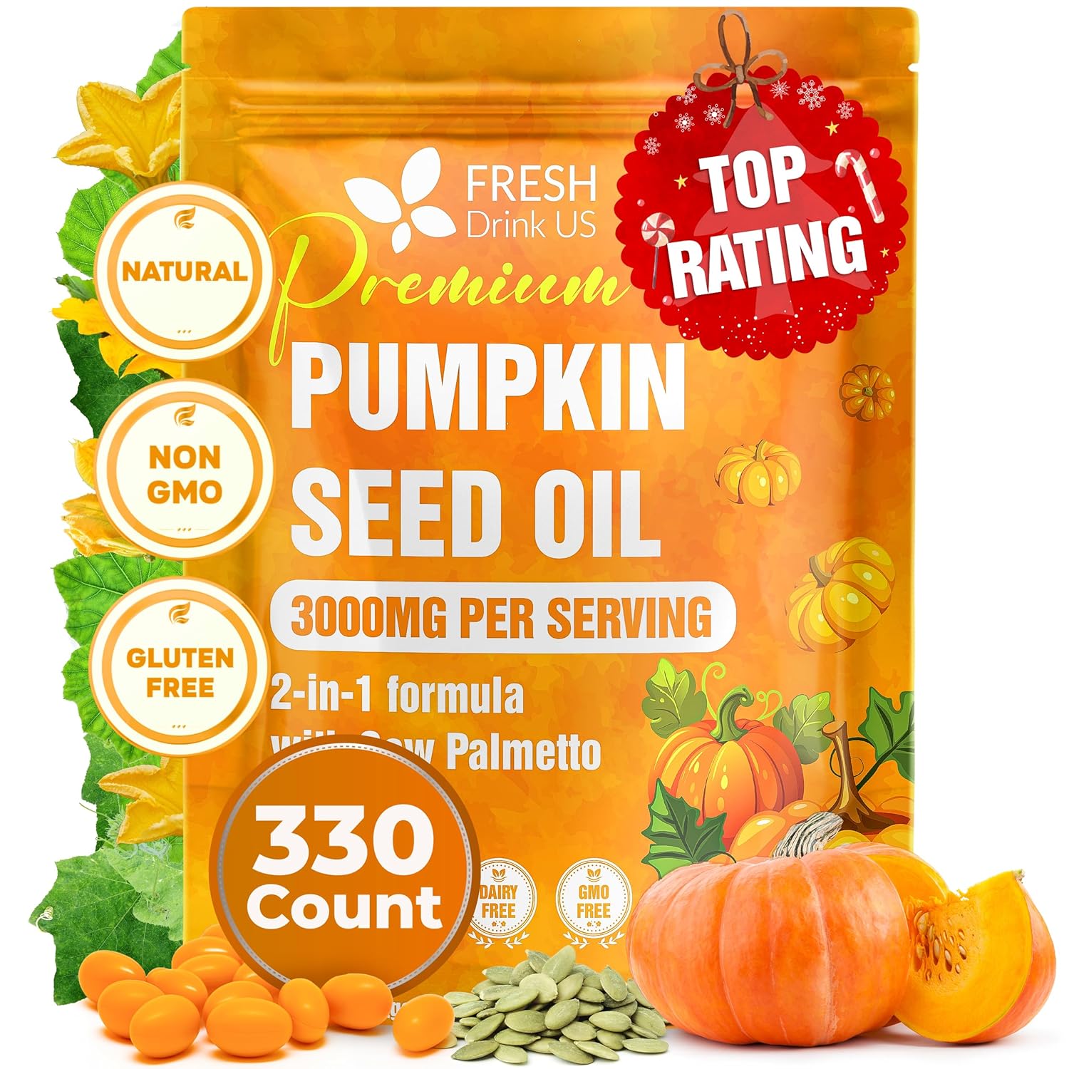FreshDrinkUS, 330 Premium Pumpkin Seed Oil Softgels with Saw Palmetto, 3000mg Per Serving, Cold Pressed, Pure Virgin Oil, Great Hair Support, Non-GMO, Gluten-Free.