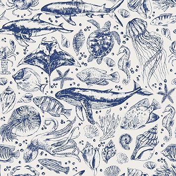 Livelynine 17.5x276 Navy Coastal Peel and Stick Wallpaper Blue Modern Bathroom Wall Paper Waterproof Vintage Dark Nautical Contact Paper Beachy Ocean Mural Fish Octopus Tortoise Coral Under the Sea