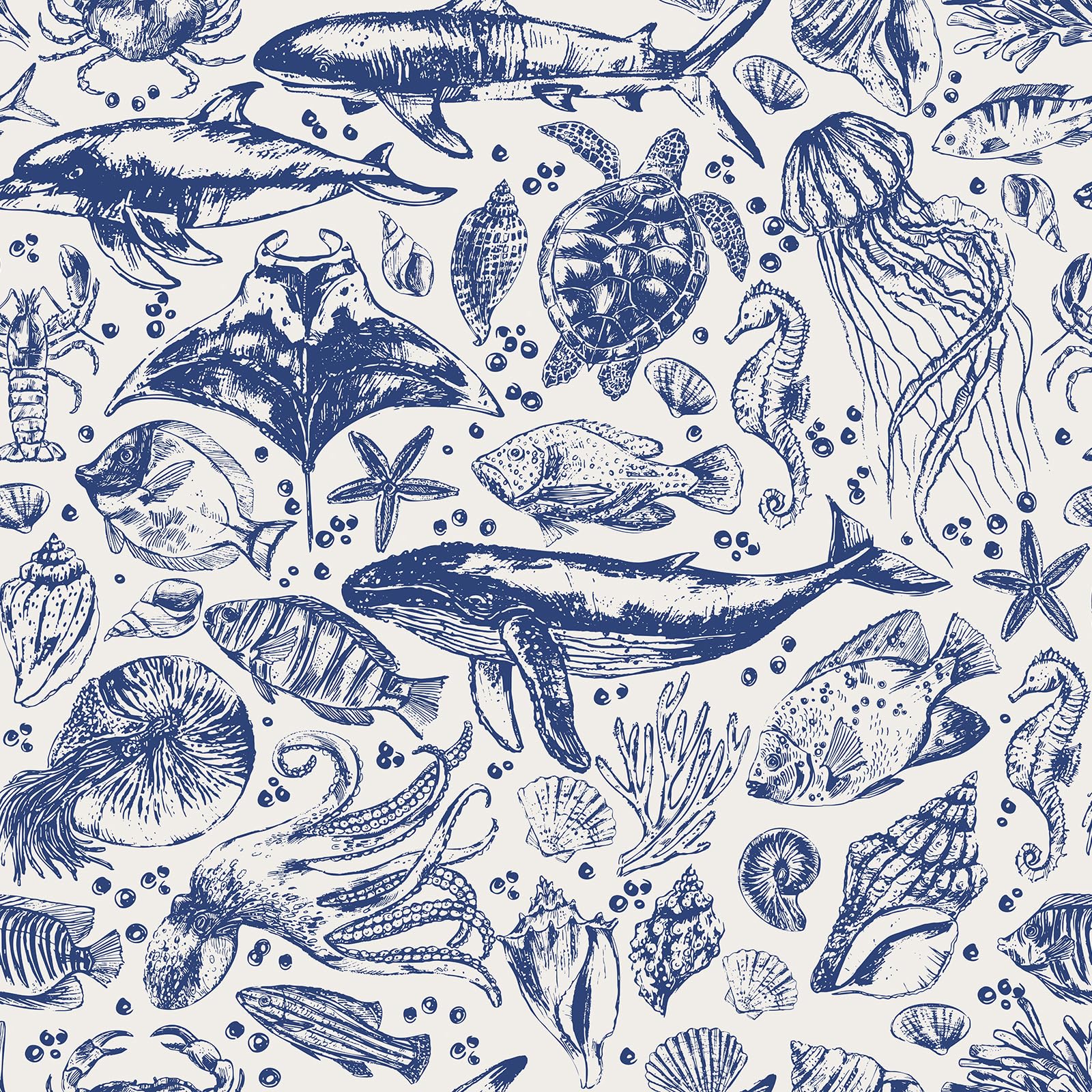 Papier peint bleu et blanc motifs poissons marins pour décorer une chambre