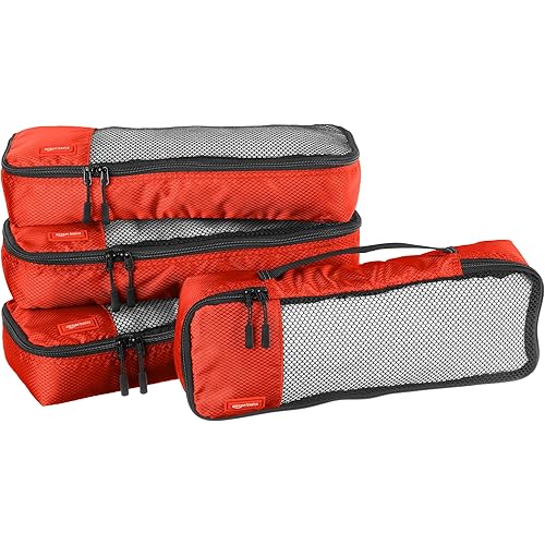 Amazon Basics 4 Piece Packing Travel Organizer Zipper Cubes Set, Slim, Red