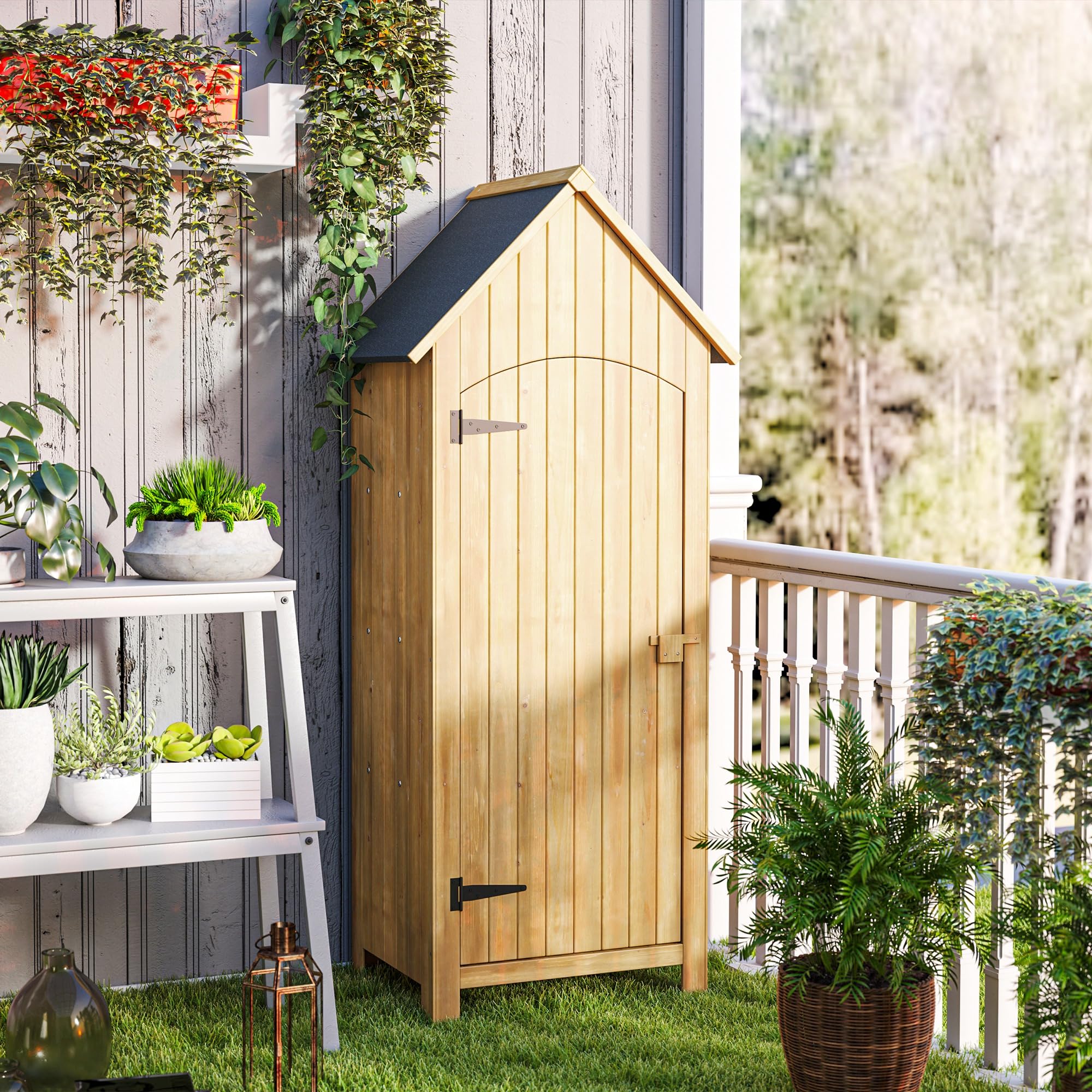 Outsunny Capanno Porta Attrezzi da Giardino in Legno di Abete con 3 Ripiani, Casetta Attrezzi Giardino con Tetto Inclinato Impermeabile per Terrazza Patio, 77.5x54.2x179.5 cm, Color Legno