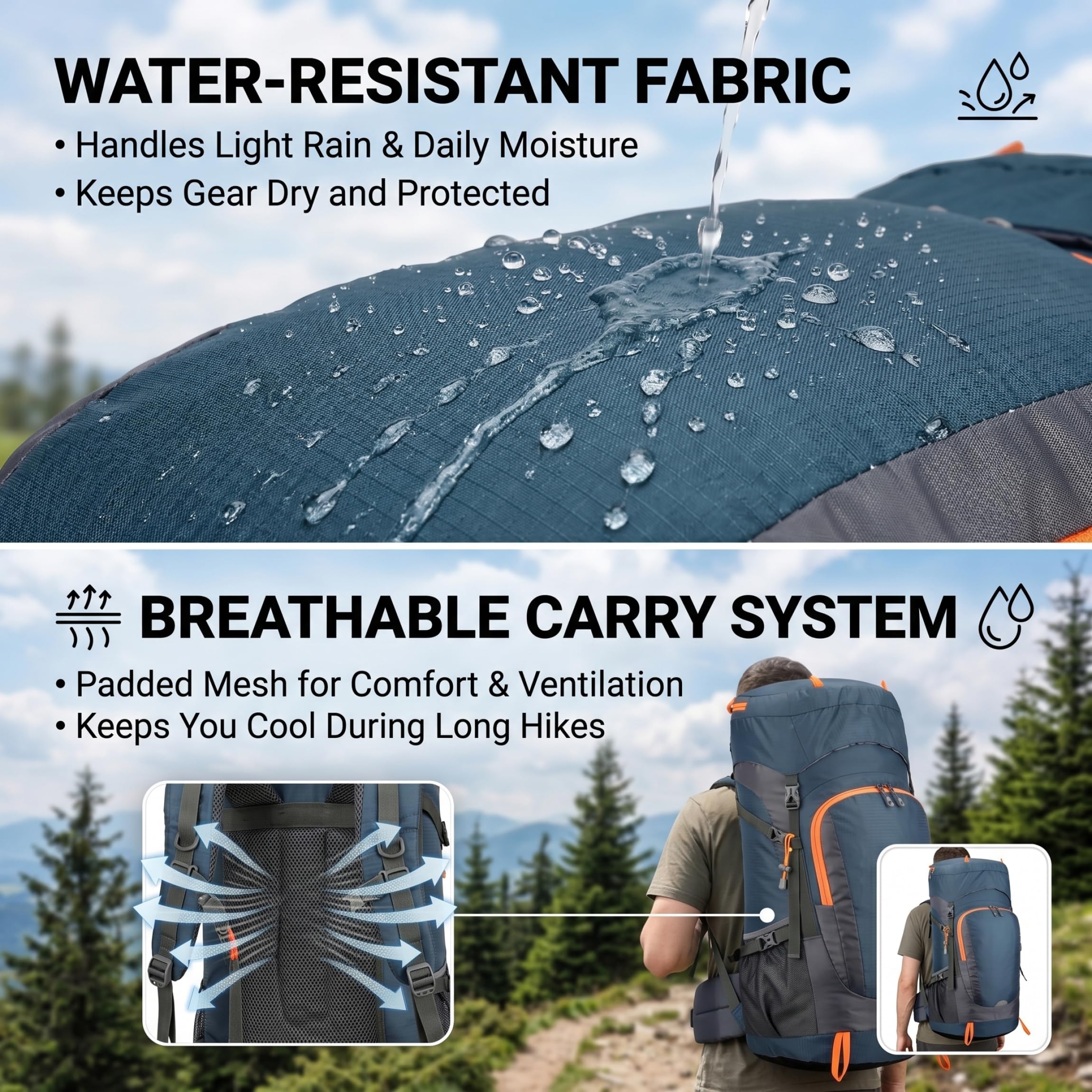 Wanderrucksack, 55 l, großes Fassungsvermögen, Camping-Rucksack, wasserdichter Wanderrucksack, ideal für Outdoor-Reisen, Camping, Schwarz