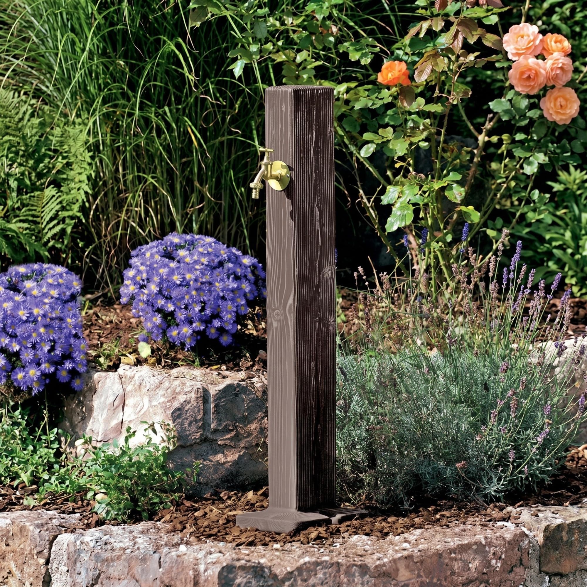 YourCasa Forest Wassersäule Garten Holz-Optik | Wasserzapfsäule mit Wasserhahn 100 cm Standbrunnen Zapfstelle Außenbereich Witterungsbeständig Frostsicher UV-stabil