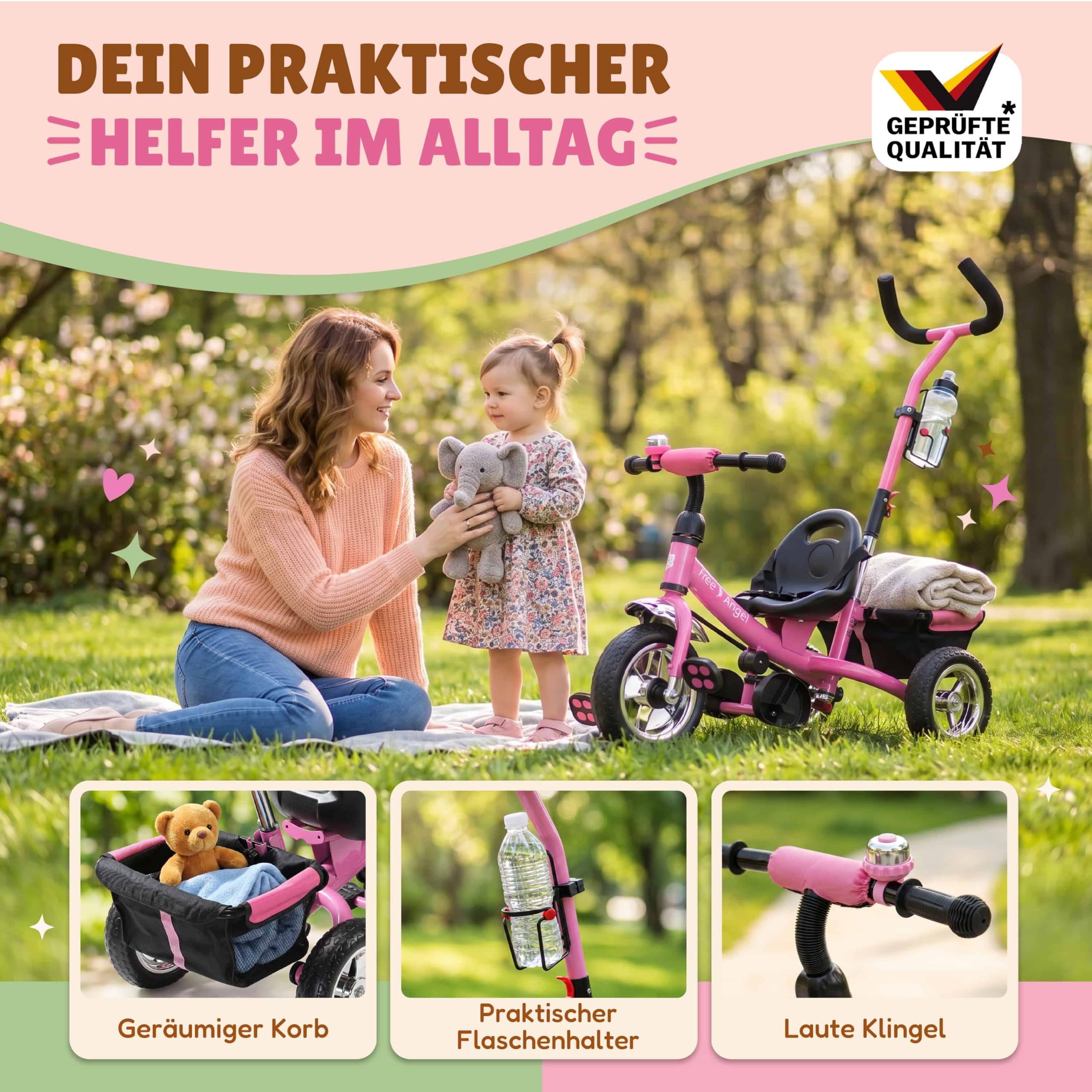 Spielwerk® Dreirad 2in1 mit Schubstange ab 1 Jahr Getränkehalter Kinderdreirad Klappbare Fußablage Baby Buggy Laufrad Kinderwagen Kleinkind Rosa
