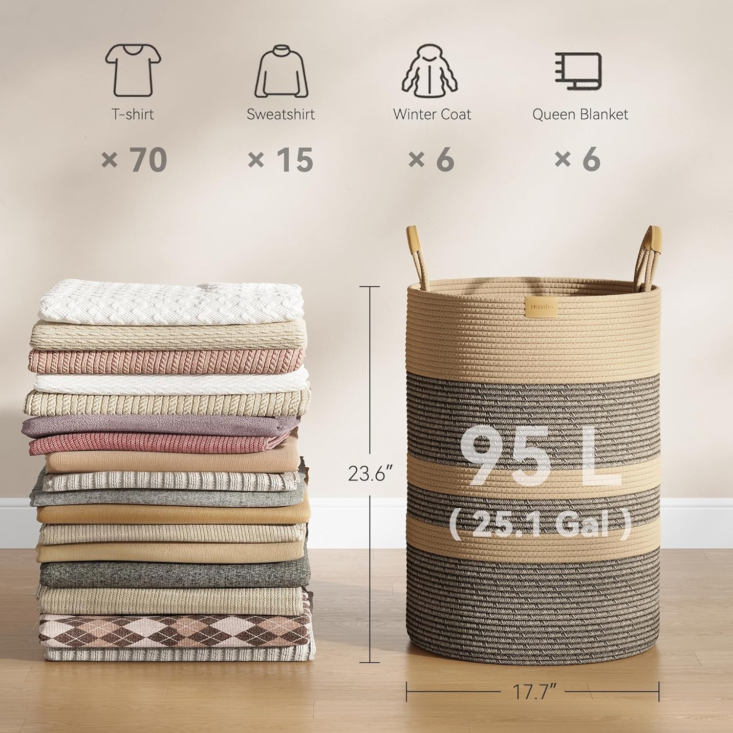 95L Striped Laundry Hamper with Leather Handles,Large Foldable Laundry Basket for Clothes,Cotton Rope Storage Bin for Blankets,Woven Clothes Basket for Bedroom,Dark Brown Stripes - Image 4