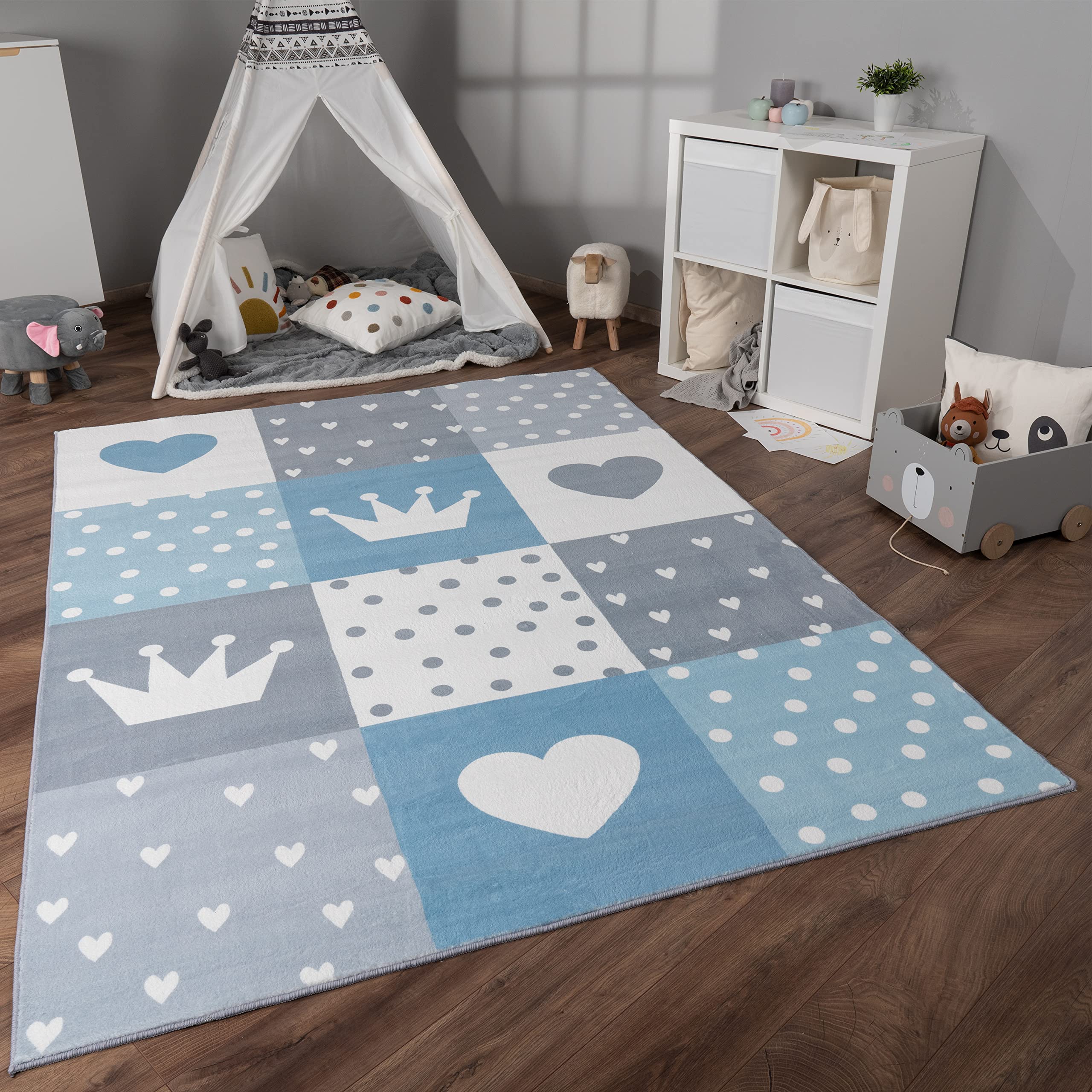 Paco Home Alfombra De Habitacion Bebe Infantil Niña Niño De Juego Antideslizante Arcoíris Corazón Lunares, tamaño:80x150 cm, Color:Azul