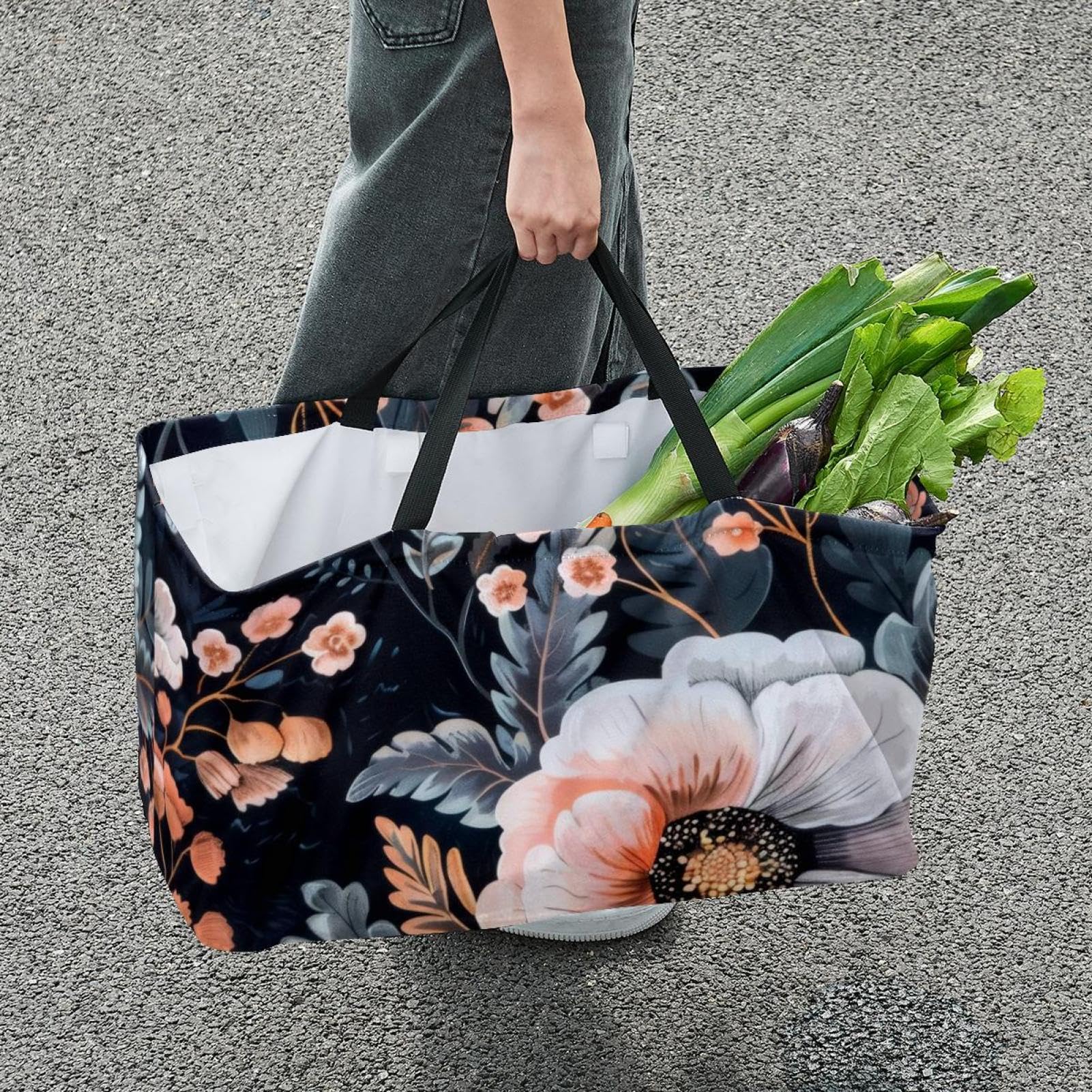 Sac de courses réutilisable, pliable, sac fourre-tout utilitaire lavable, tient debout pour pique-nique, camping – Motif floral rose sur noir, multicolore, 22.0x12.6x11.4 in/56x29x32 cm