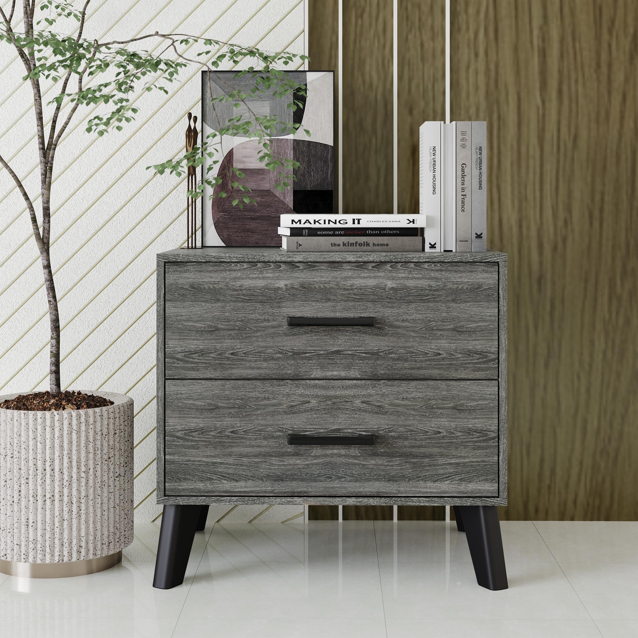 Contemporary 2-Drawer Wooden Nightstand with Tapered Legs, Dark Grey