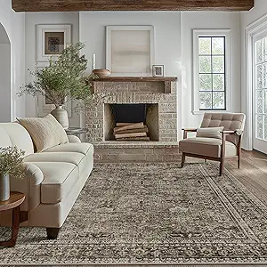 Area Rugs 8x10 for Living Room Bedroom, Vintage Machine Washable Stain Resistant Rug, Large Soft Low Pile Sage Charcoal Foor Mat with Non Slip Backing for Dining Room