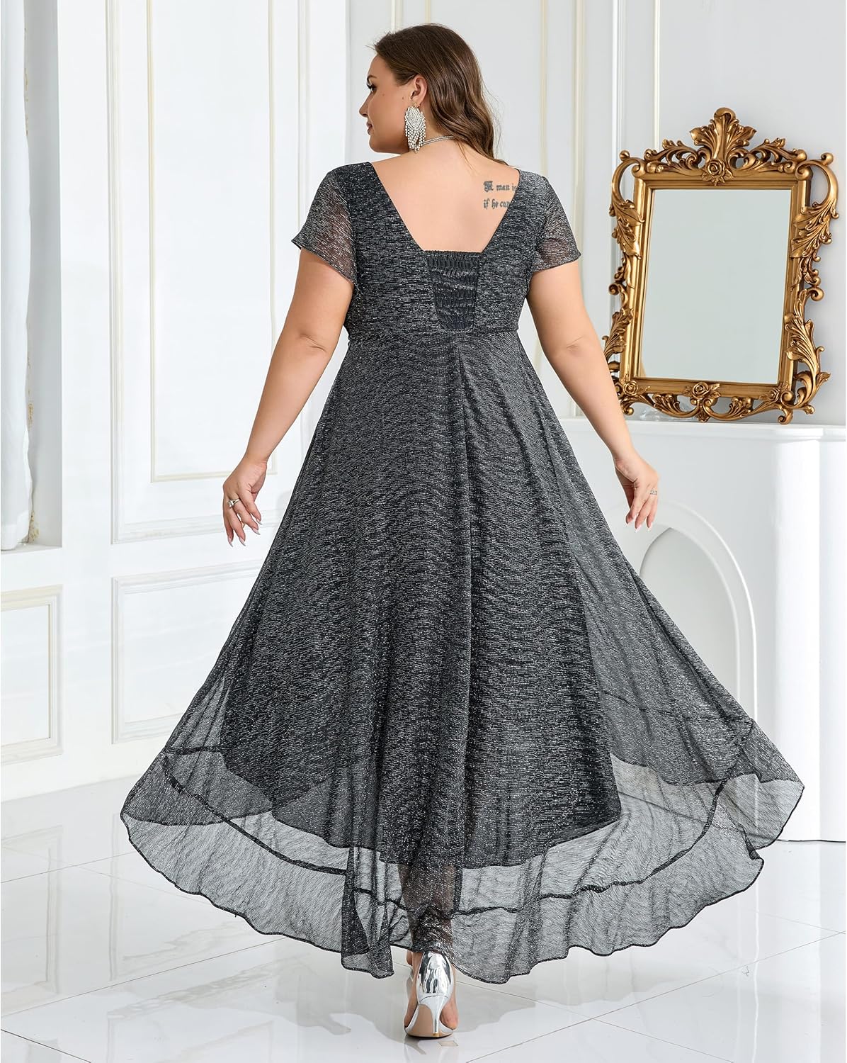 Women's Plus Size Cocktail Wedding V Neck Irregular Hem Midi Dresses - Image 3
