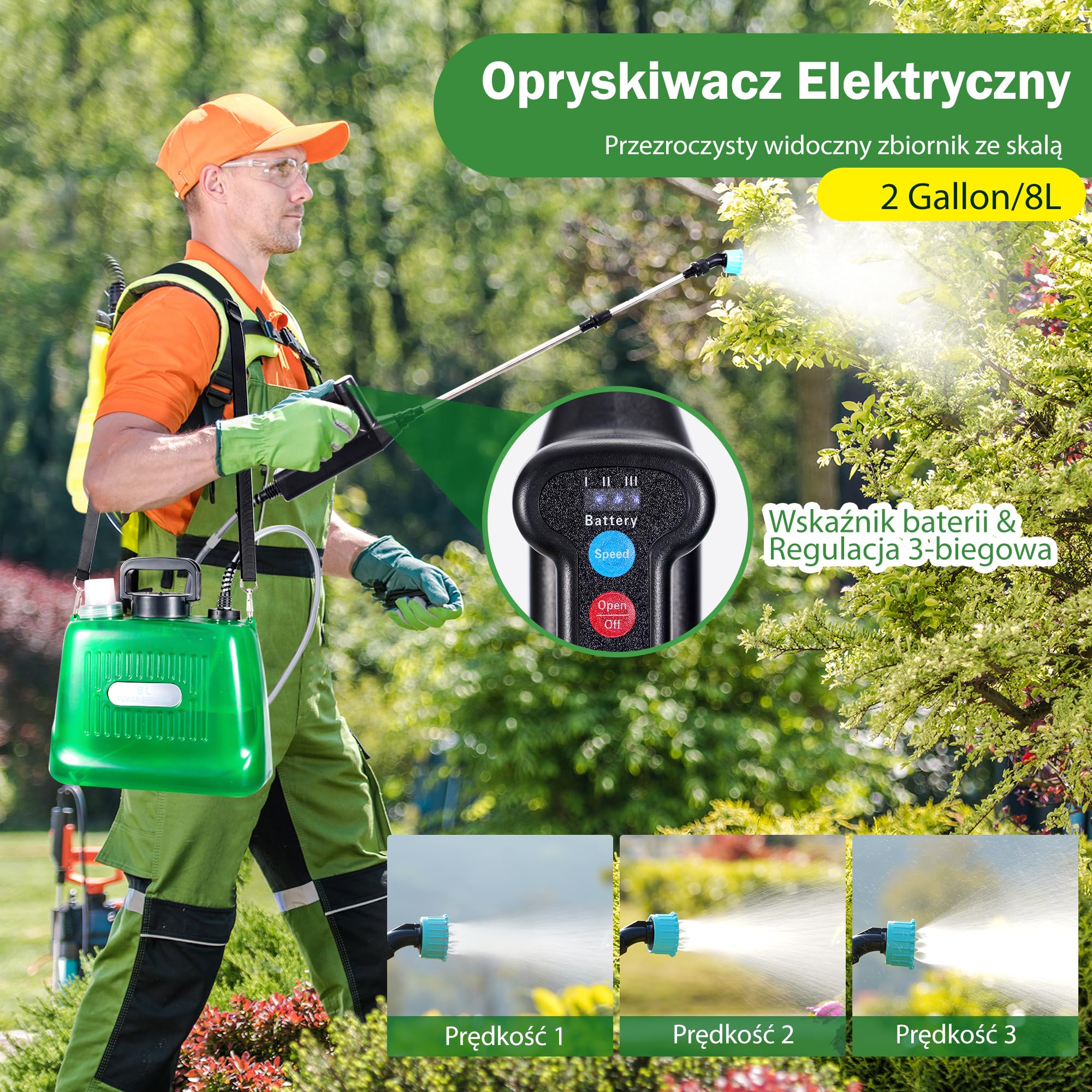 Elektryczny opryskiwacz ciśnieniowy, 8 l, z 4 regulowanymi dyszami, wskaźnik poziomu baterii, 3 regulowane prędkości, ładowany przez USB do nawadniania