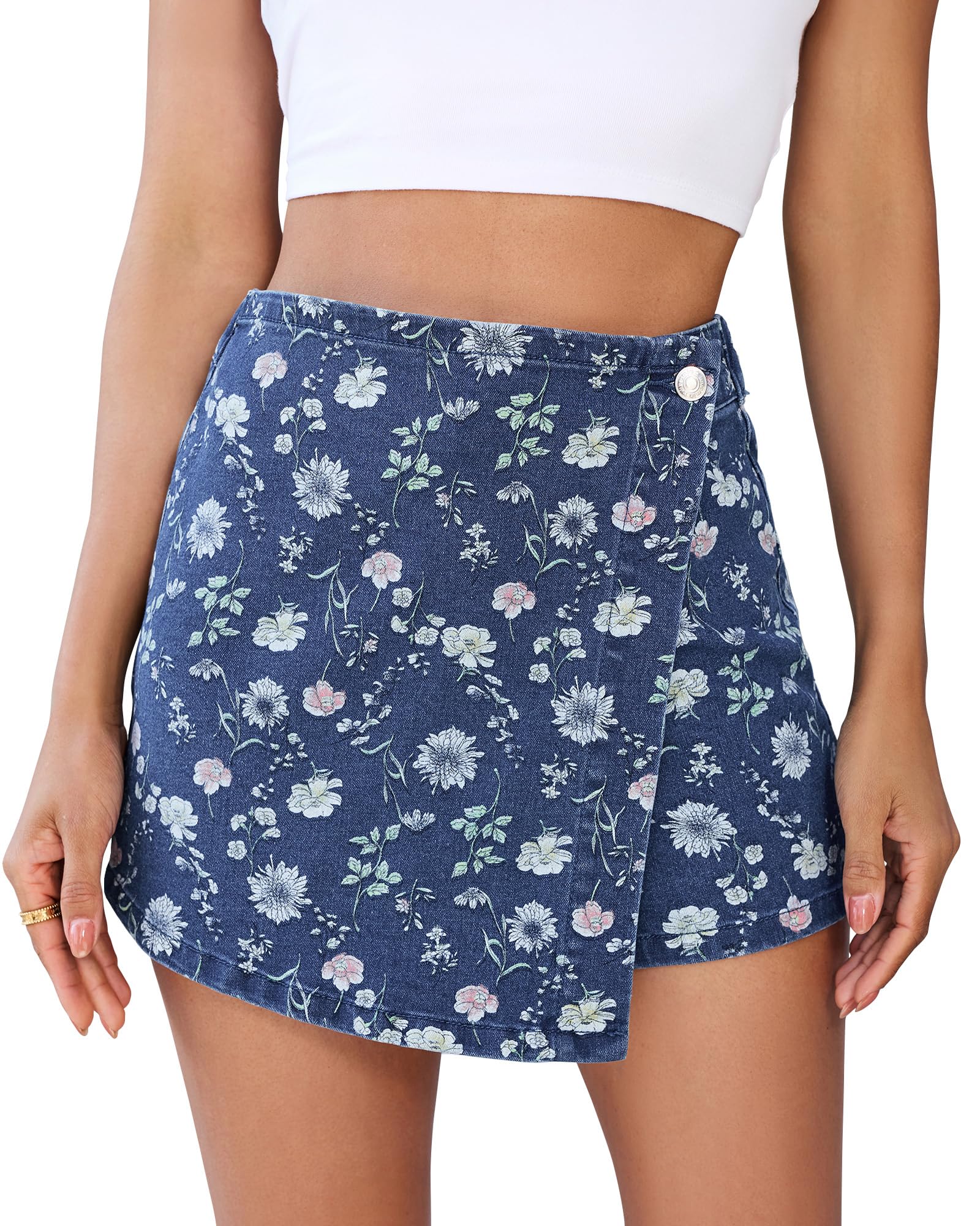 luvamia Denim Skorts for Woman Trendy Floral Print Faux Wrap Stretchy High Waisted Elasitc Waist Jean Shorts Skirt