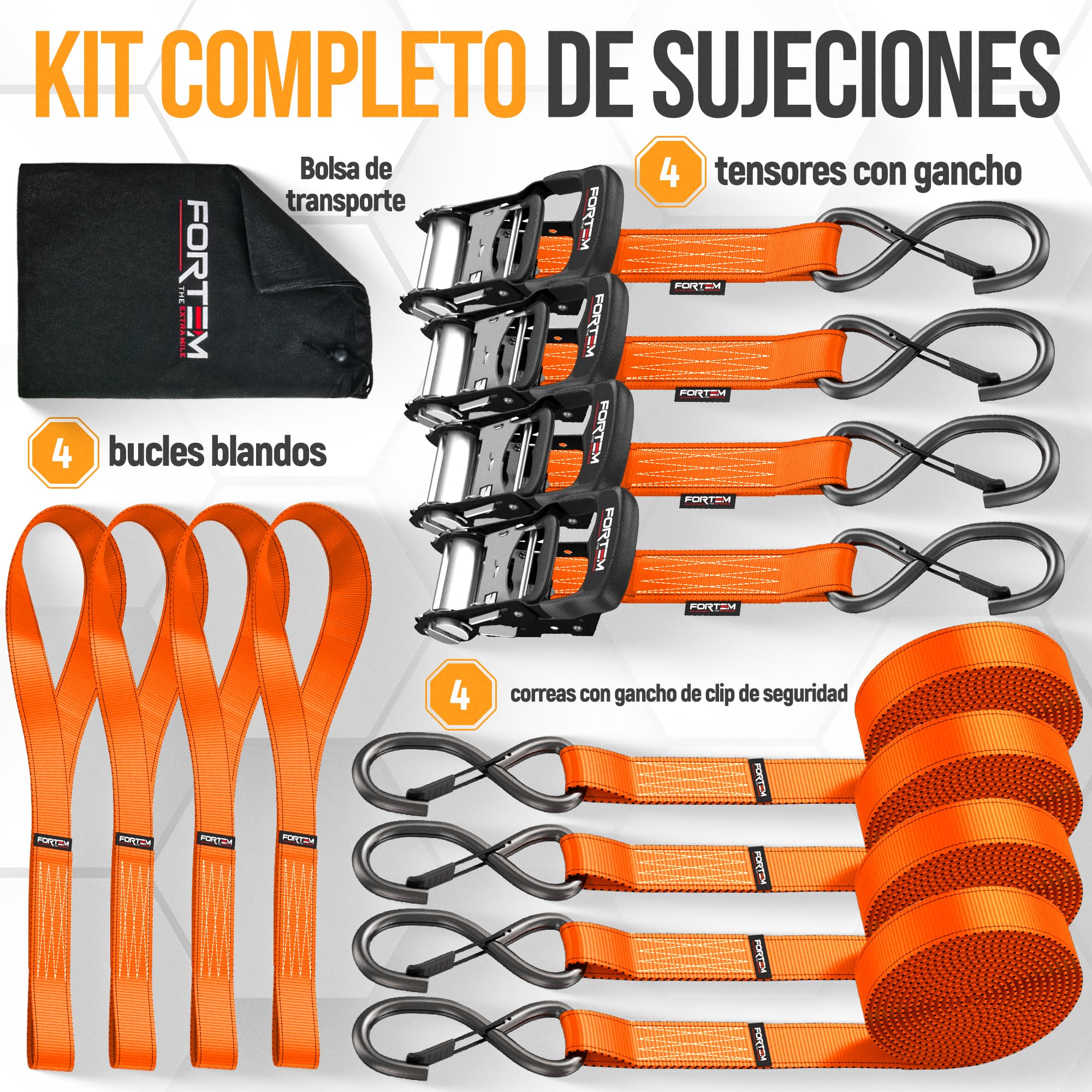 FORTEM Correas De Trinquete, Resistencia 2362kg, 4 Unidades De 3,04m, 4 Lazos Suaves, Mangos Metálicos con Goma, Ganchos con Capa Plástica, Bolsa De Transporte