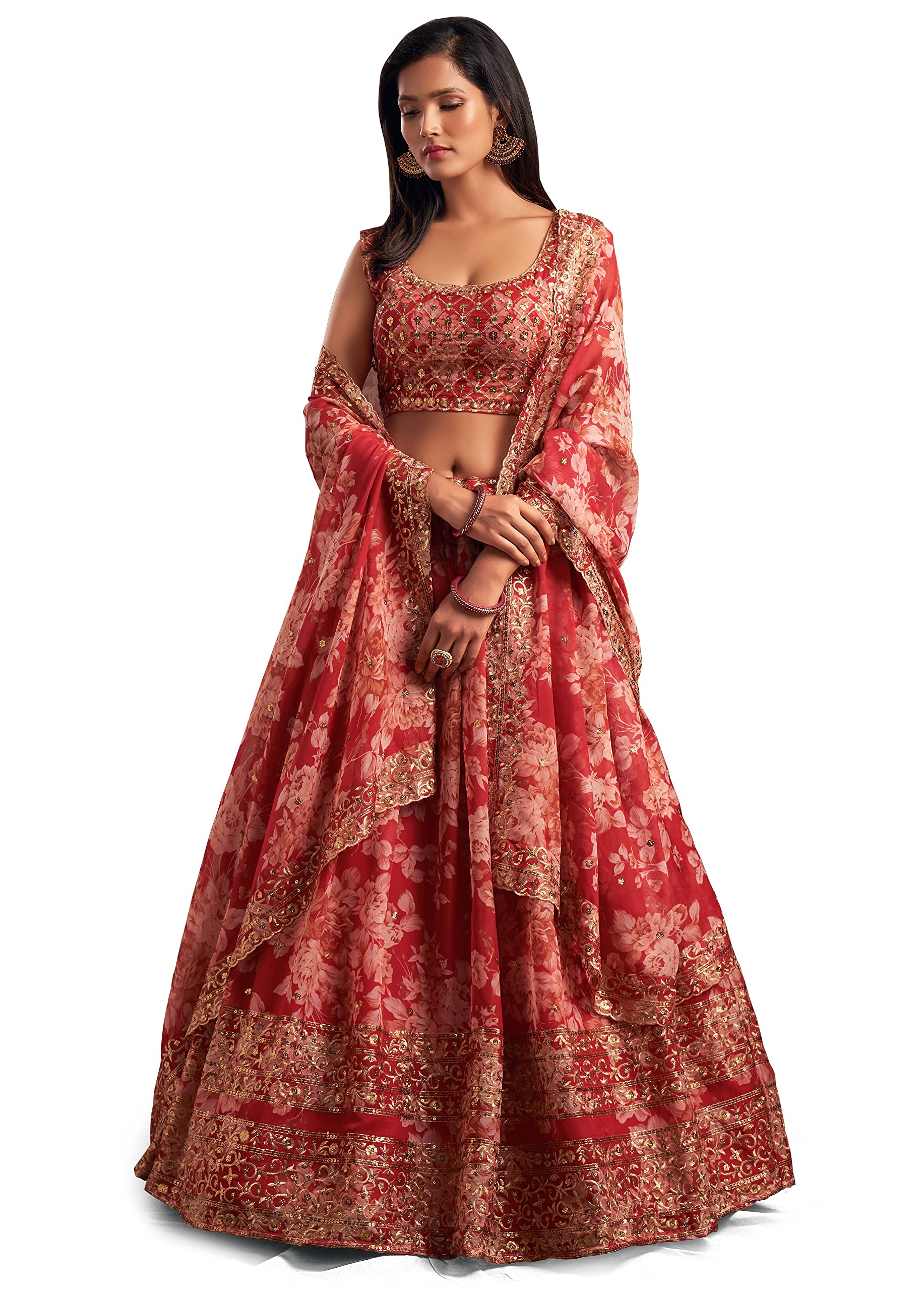 Zeel ClothingWomen's Organza Floral White Semi-Stitched Lehenga Choli (7611-Wedding-Floral-Lehenga-Latest, White)