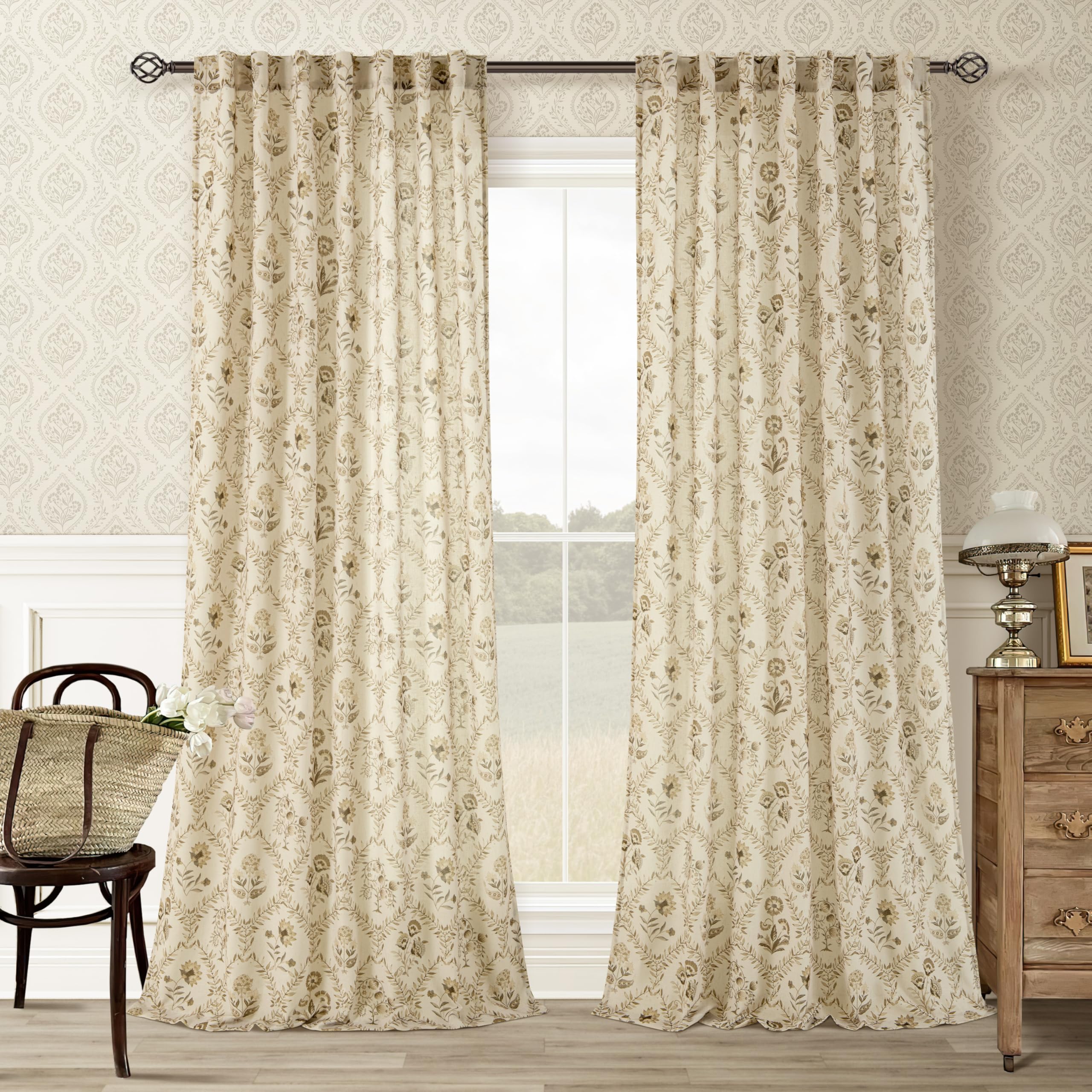 Extra Long Rustic Floral Curtains 120 Inches Long for Living Dining Room Poppy Flower Plant Patterned Curtains Printed Farmhouse Country Shabby Chic