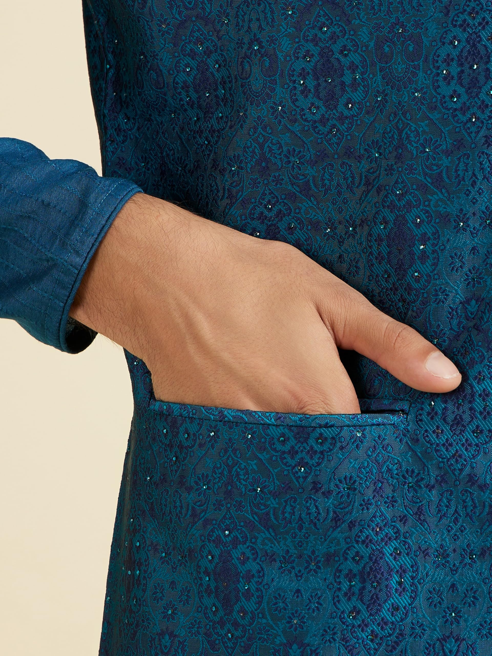 Manyavar Men's Brocade Sequinned Nehru Jacket(Teal Blue,M) 2