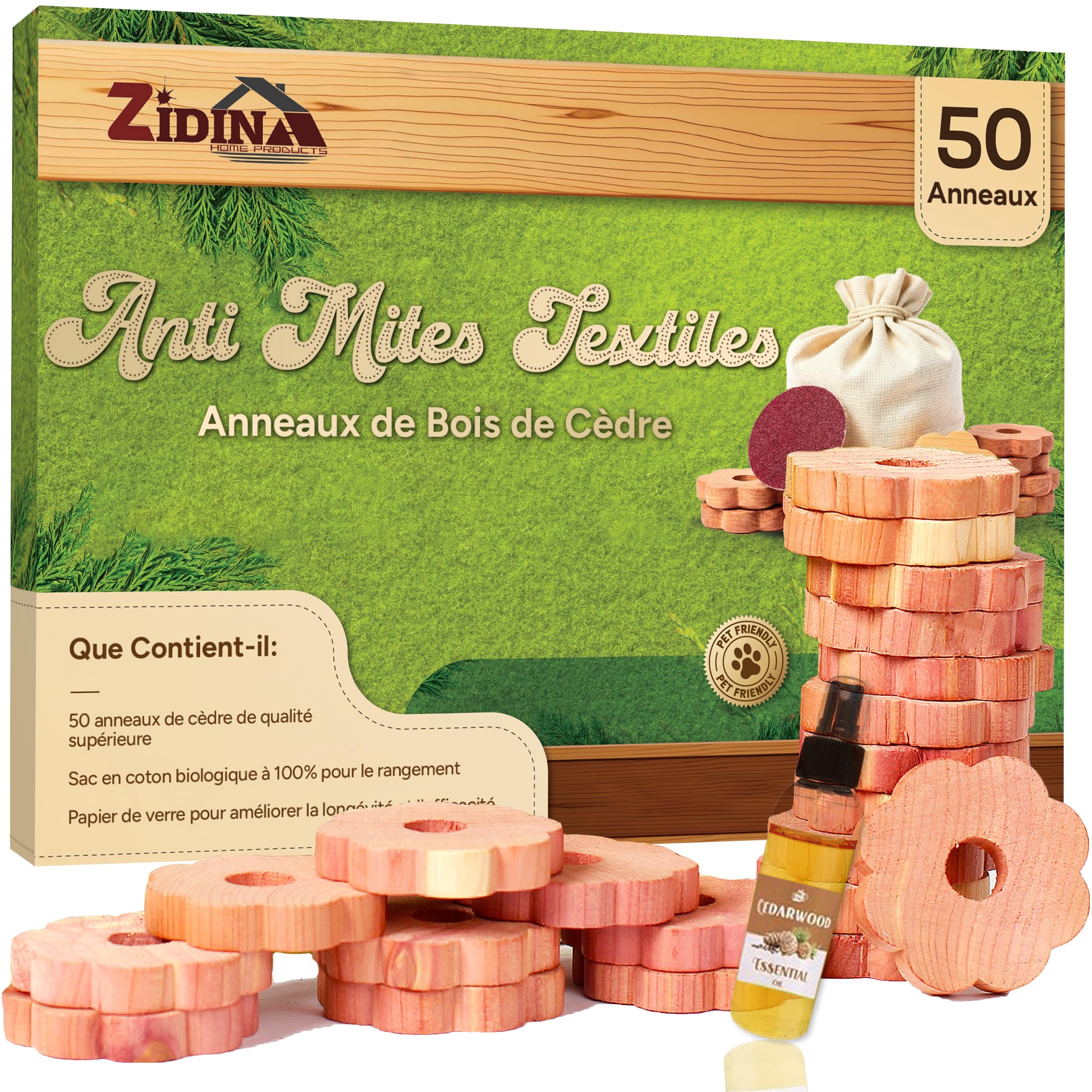 Anti Mites Textiles Pack de 50 Anneaux pour Vêtements avec Huile de Cèdre 4,5 ml