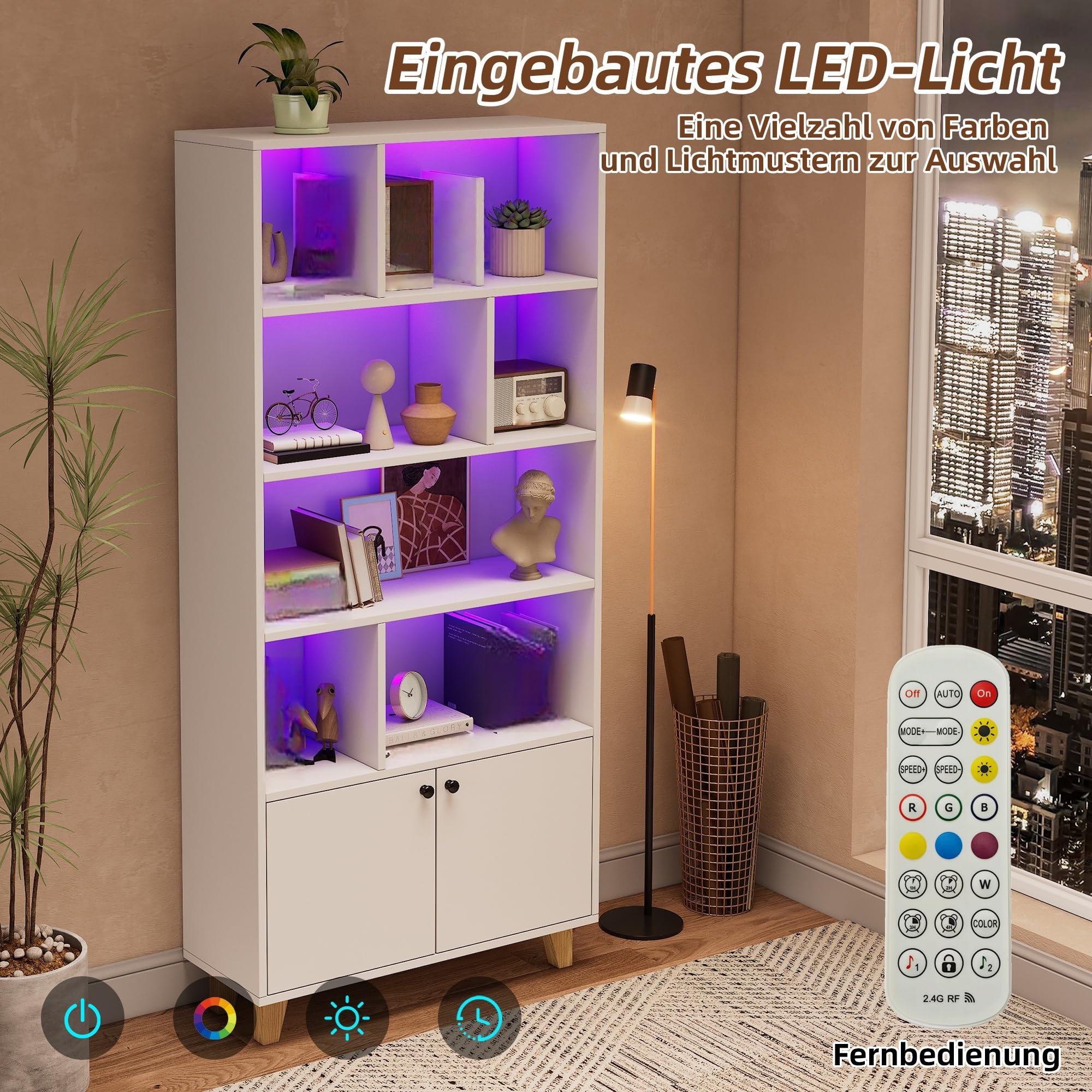 LAKFEW Bücherregal mit Türen und LED-Leuchten, Standregal mit Ablagefächer, Bücherregale mit Beine aus Massivholz, Regale Wohnzimmer, 80x30x173 cm, Weiß