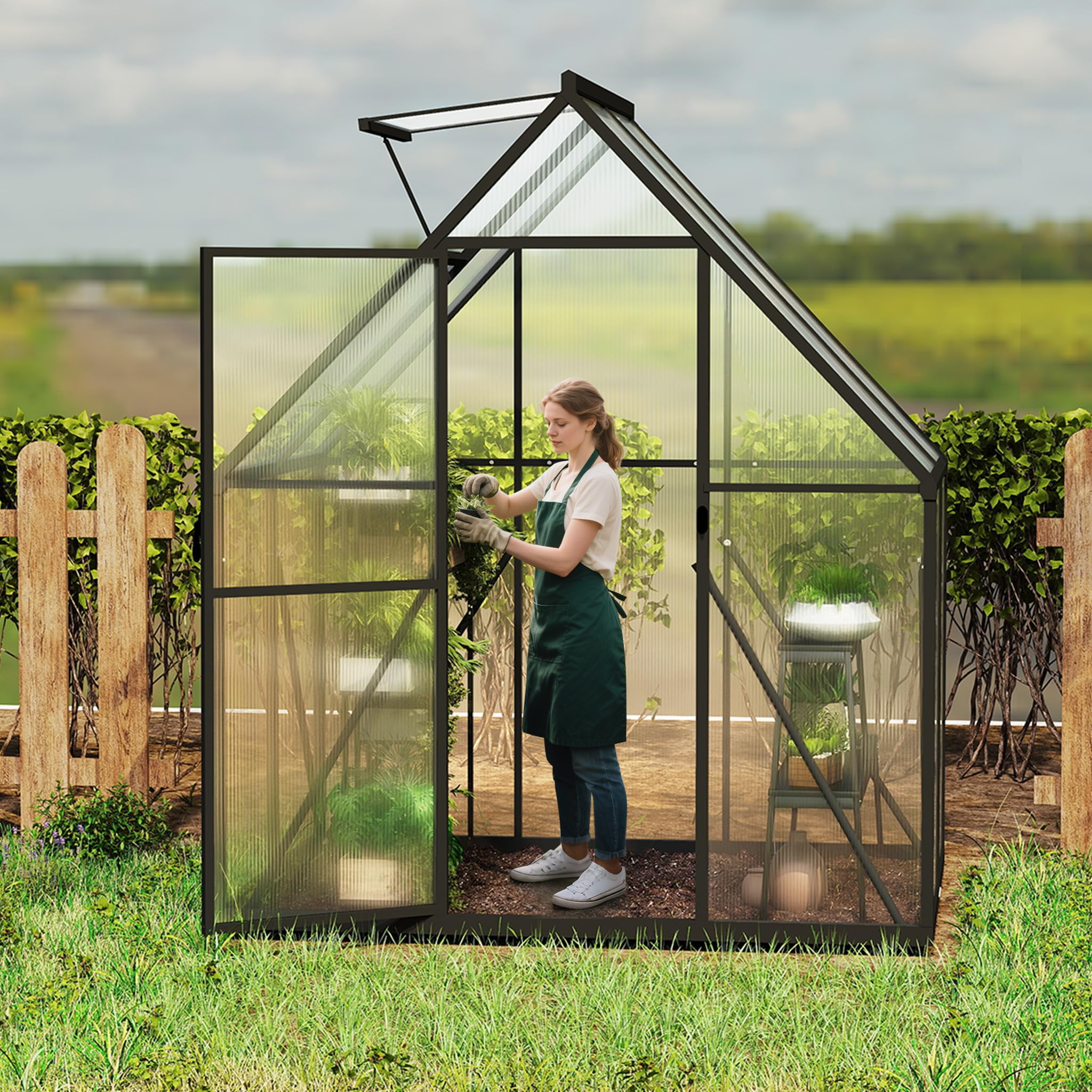 UISEBRT Gewächshaus Treibhaus für Garten Tomatenhaus mit Fundament Frühbeet Pflanzenhaus mit Fenster & Wetterfestem Hohlkammerplatten Gartengewächshäuser 125x180x195cm UV- & Frostgeschützt
