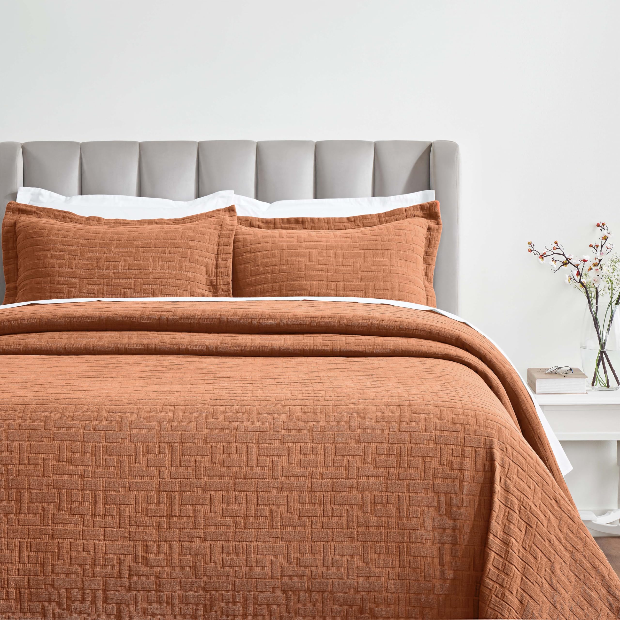 SUPERIOR 3 Piece Cotton Bedspread and Sham Set, Home Bed Decor, Decorative Bed Spread, 2 Pillow Shams, Medium Weight, Matelasse Coverlet, Bedding Essentials, Madrid Collection, King, Burnt Orange