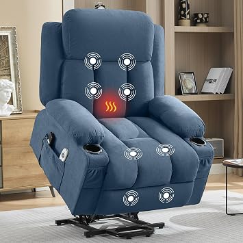 Power Lift Recliner Chair with Heat and Massage, Electric Recliner Sofa with Side Pocket & USB Charge Port, Recliner Chairs for Adults, Easy Remote Control Blue
