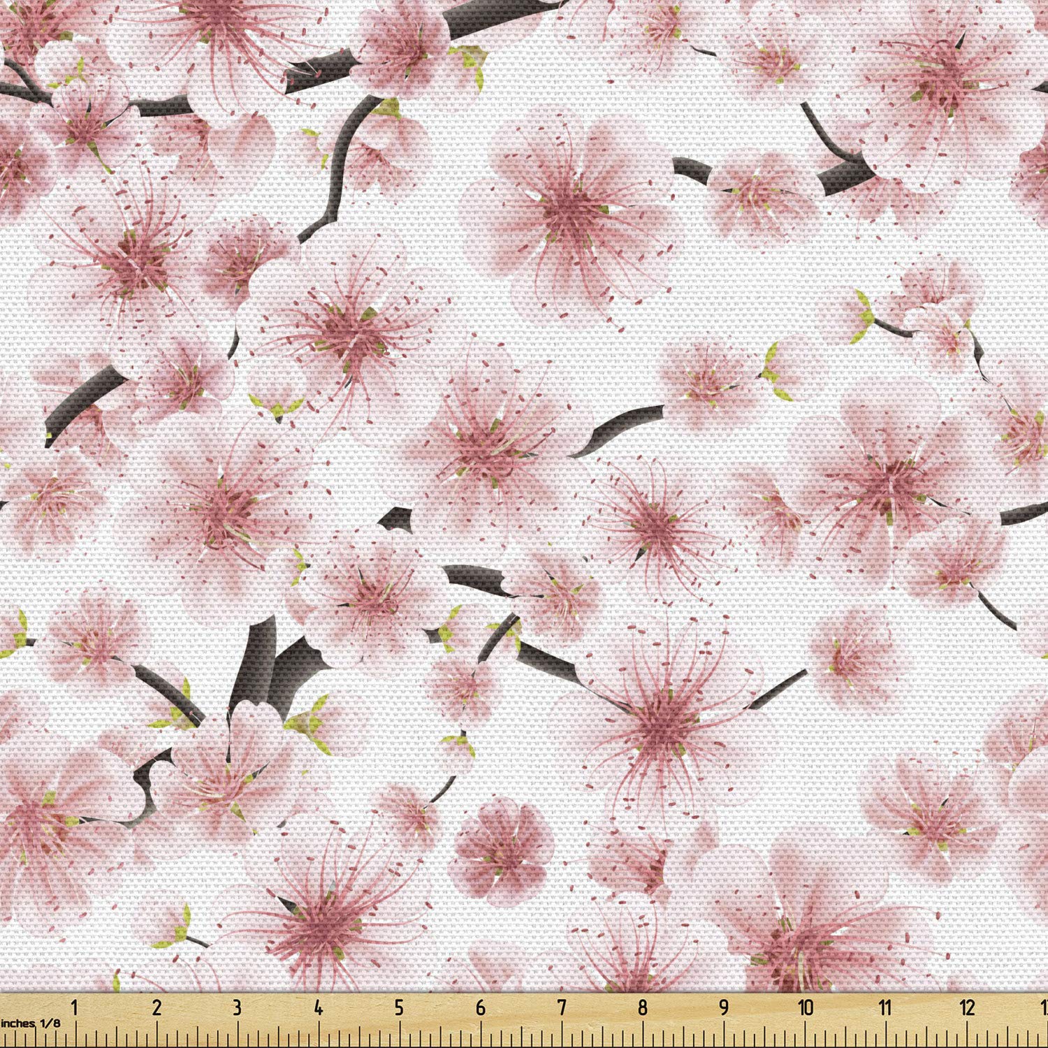 Ambesonne Cherry Blossom Fabric by The Yard, 3D Illustrated Sakura Tree Design with Buds and Multiplexed Stamens, Decorative Fabric for Upholstery and Home Accents, 2 Yards, Dark Taupe and Rose