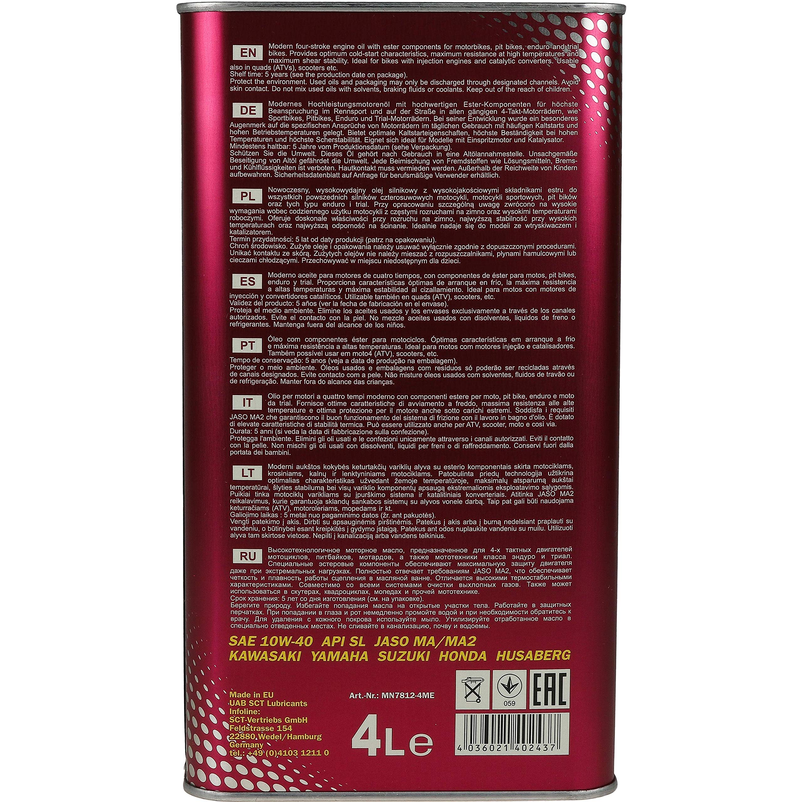 Mannol 7812 Huile de moteur d'origine pour moto 4 temps API SL Oil 6 l