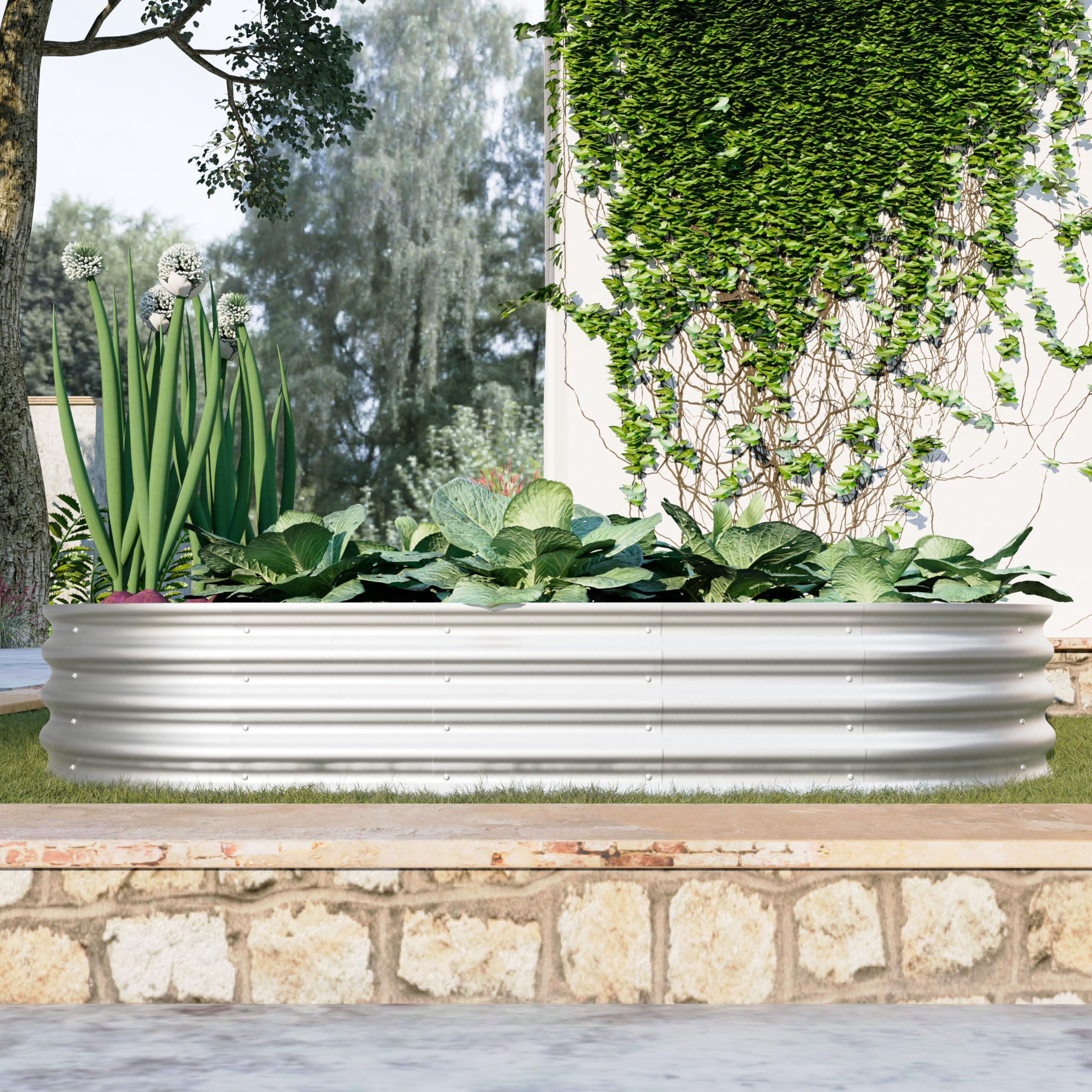 Verzinktes Hochbeet-Set, Hochbeet, Hochbeet, Outdoor, ovale Metall-Hochbeete für Gemüse, Blumen, Kräuter, Silber, 1,8 x 0,9 x 0,3 m, 1 Stück