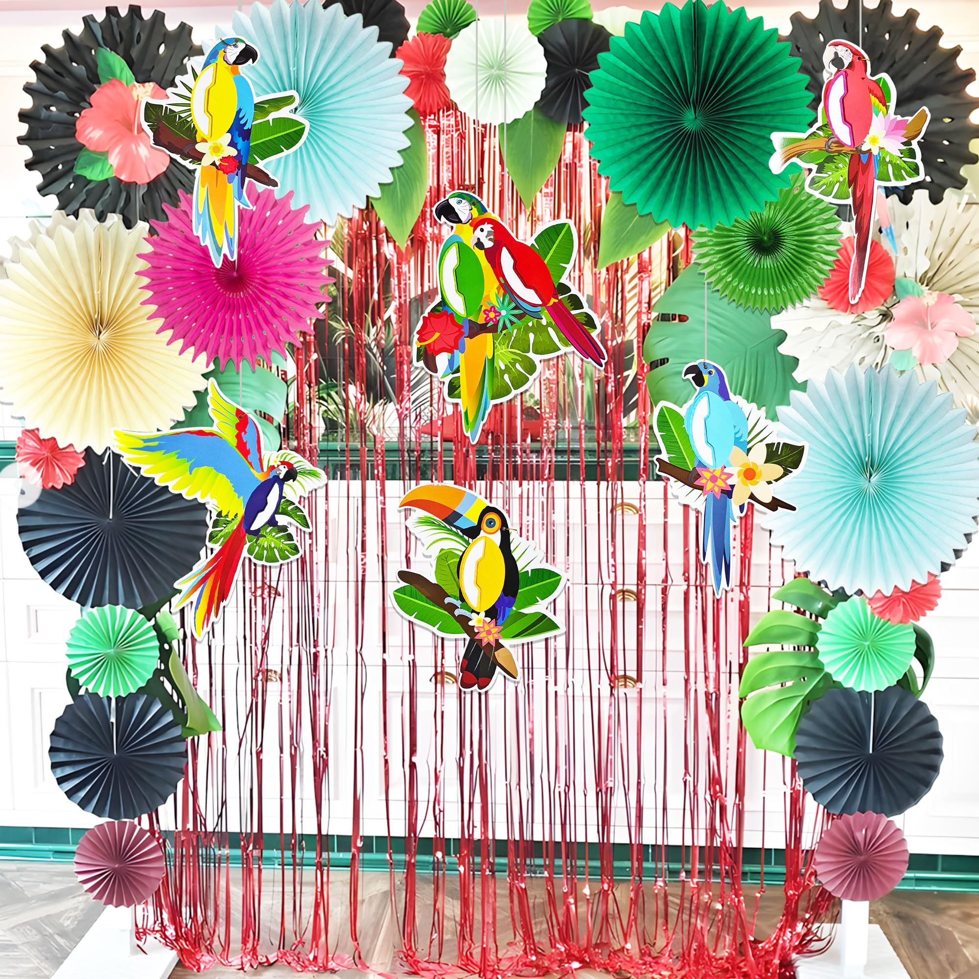 Tropical Birds Honeycomb Paper Cutouts Parrot Honeycomb Palm Leaves Banner Hawaiian Beach Luau Party Hanging Decorations Tiki Bar Supplies - Image 3