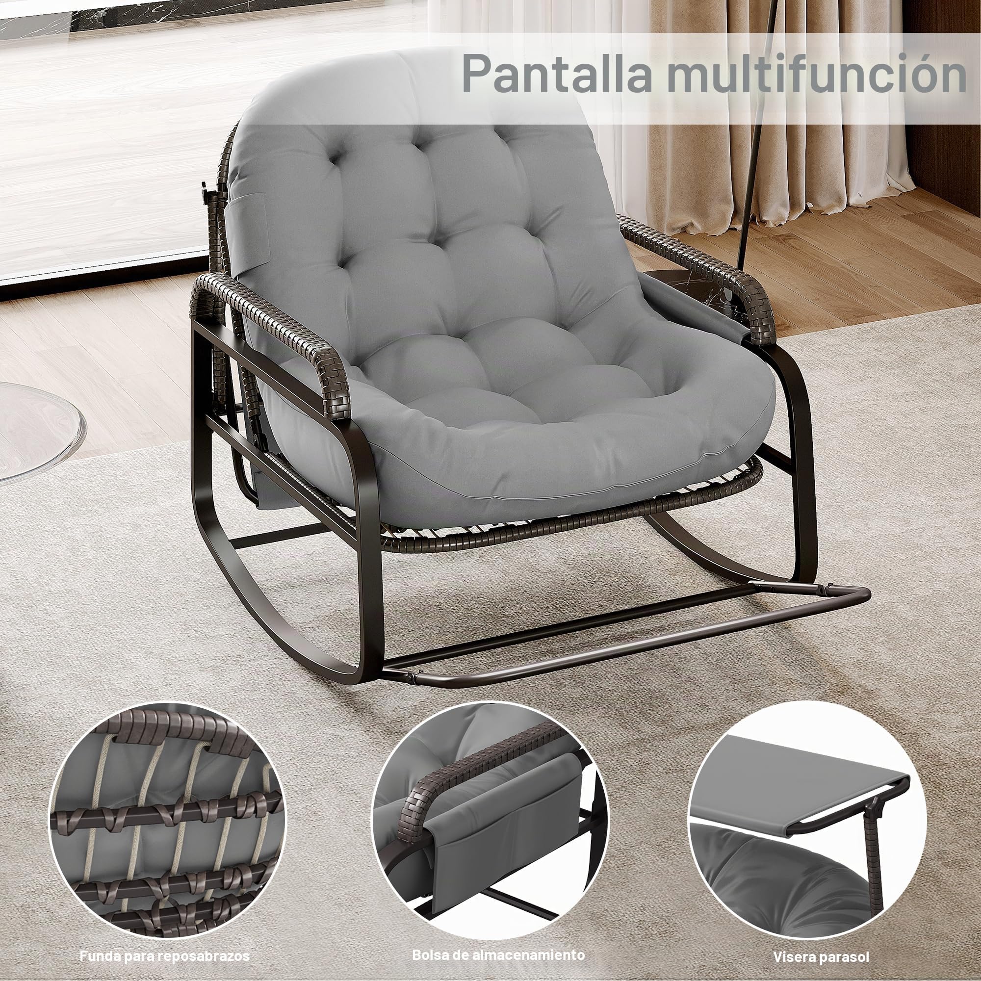 Sillón mecedora exterior interior, silla de salón de ratán PE con cojín acolchado y toldos, mecedora para dormitorio, salón, jardín, terraza (gris)
