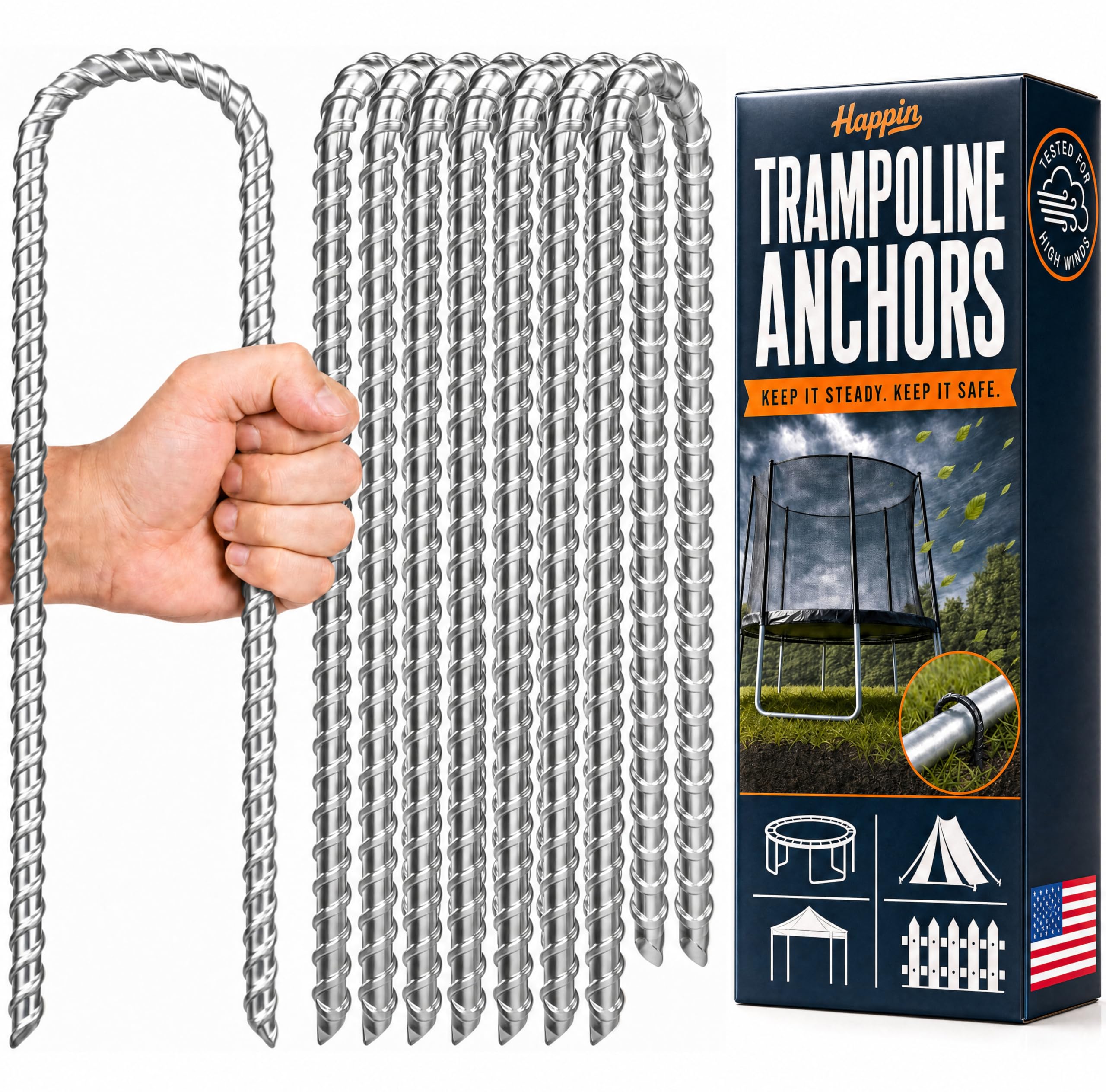 Happin® Bardzo mocne kołki do trampoliny, wysoki wiatr, kotwy naziemne, wytrzymałe, kołki namiotowe, kotwy do zestawów kołków rozporowych, stal ocynkowana, akcesoria do trampoliny (8, srebrne)