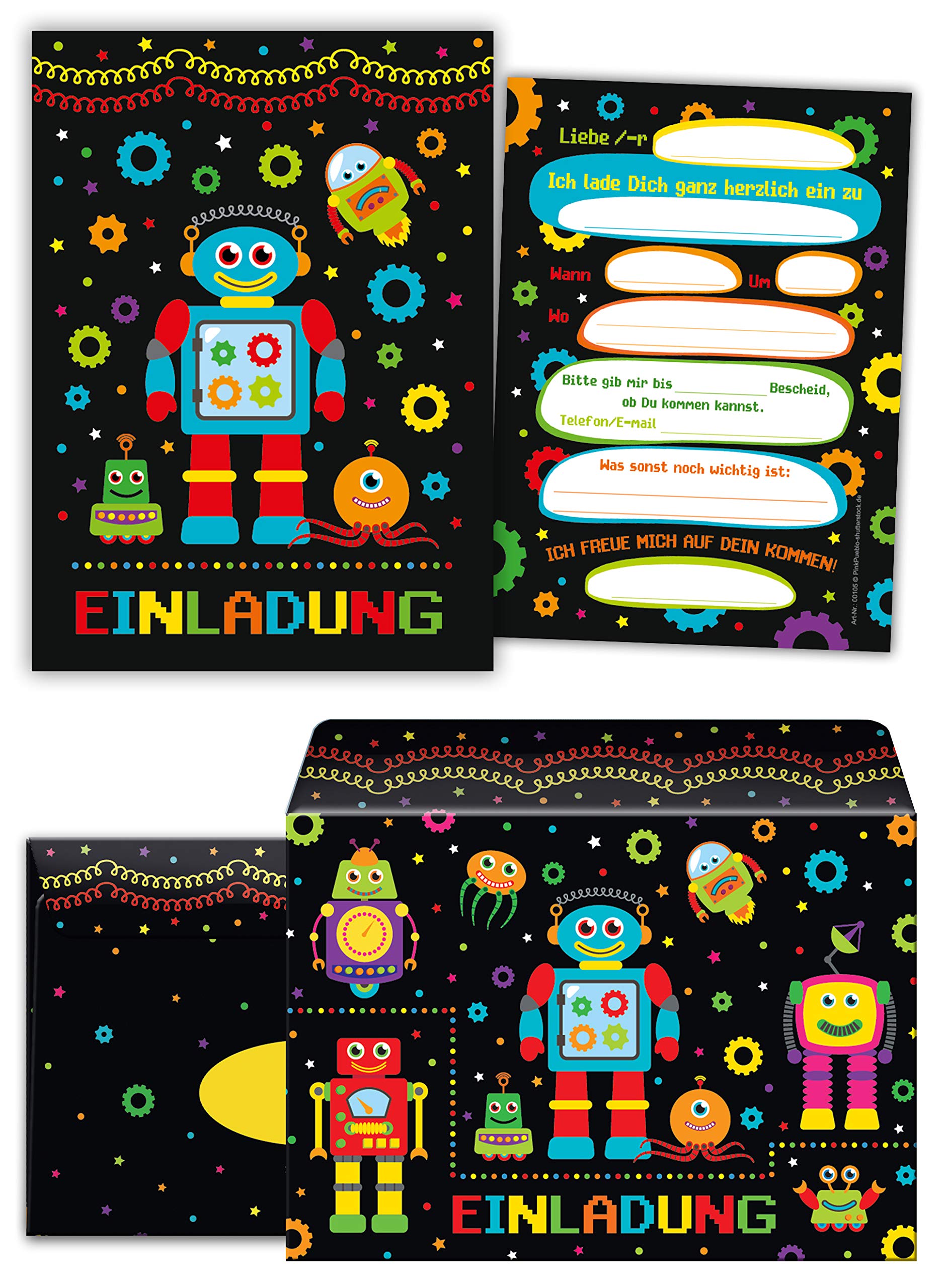 Junaversum 12 Einladungskarten incl. 12 Umschläge zum Kindergeburtstag Jungen Jungs Robot Roboter