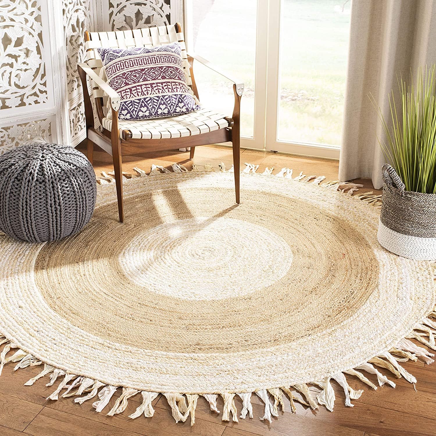 Tapis Rond en Coton et Jute tressé à la Main de Style bohème pour Salon, Couloir, Salon (Couleur 1, 120 x 120 cm)